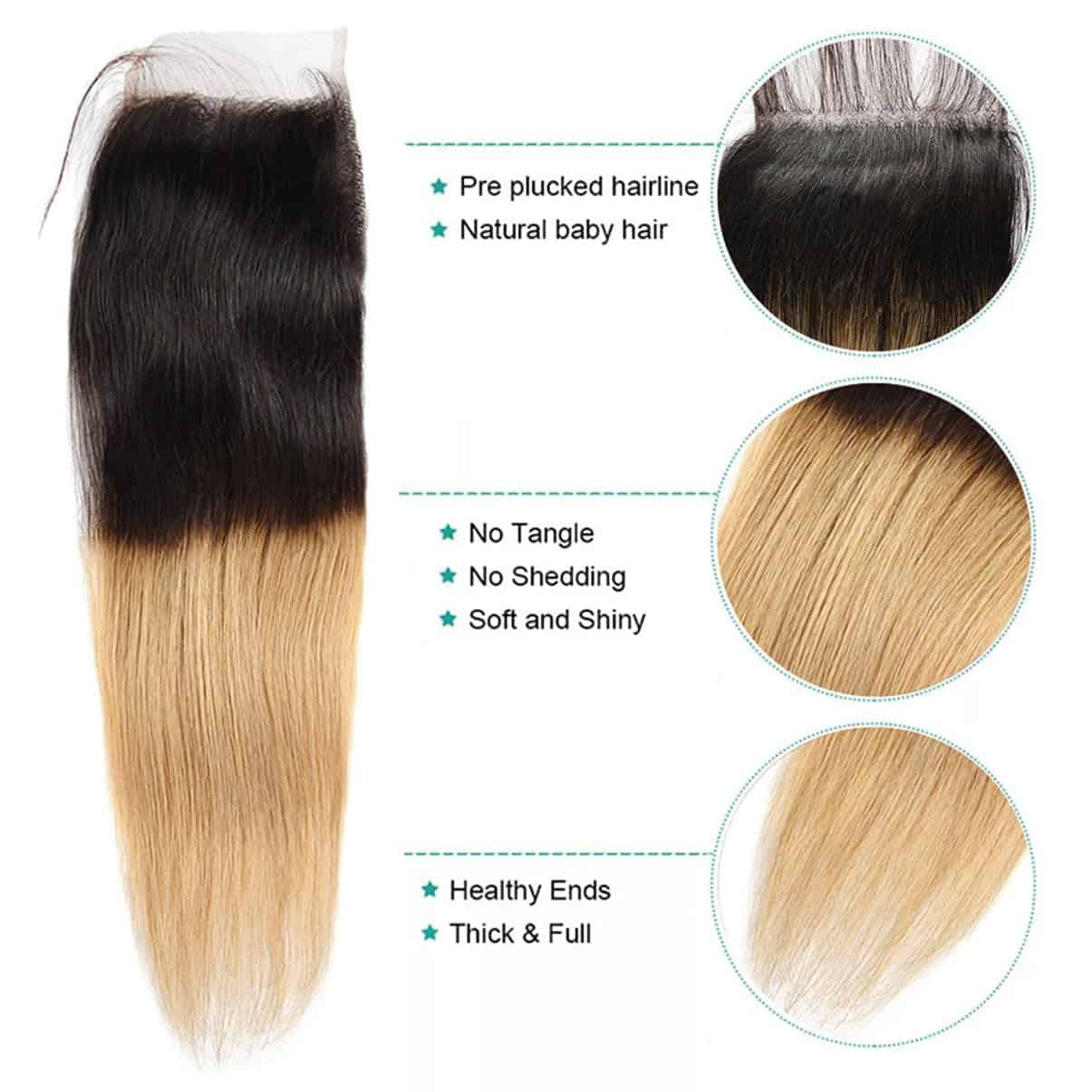 Cierre de encaje 4x4 de ombre brasileño 1B 27 100% cabello - Imagen 9