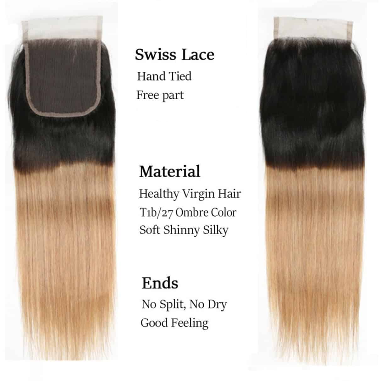 Cierre de encaje 4x4 de ombre brasileño 1B 27 100% cabello - Imagen 4