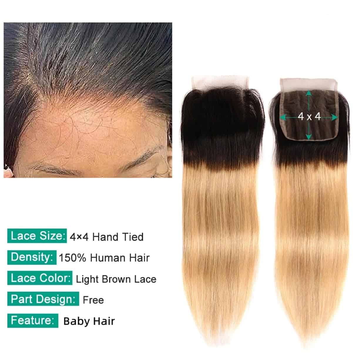 Cierre de encaje 4x4 de ombre brasileño 1B 27 100% cabello - Imagen 3