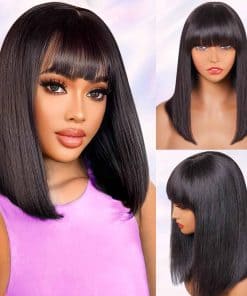 Peluca de Cabello Humano Recto sin Pegamento con Flequillo