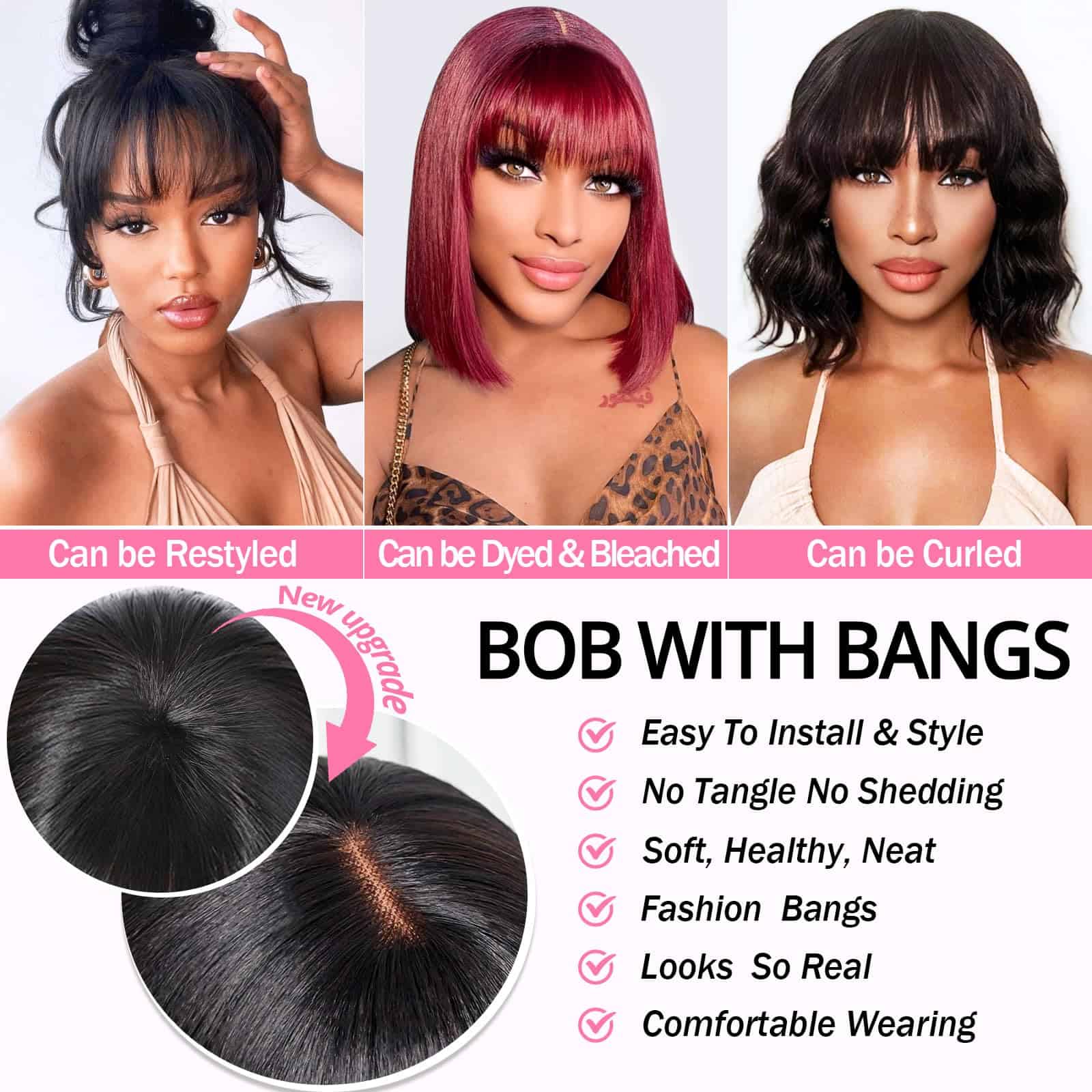 Peluca de Cabello Humano Recto sin Pegamento con Flequillo - Imagen 6