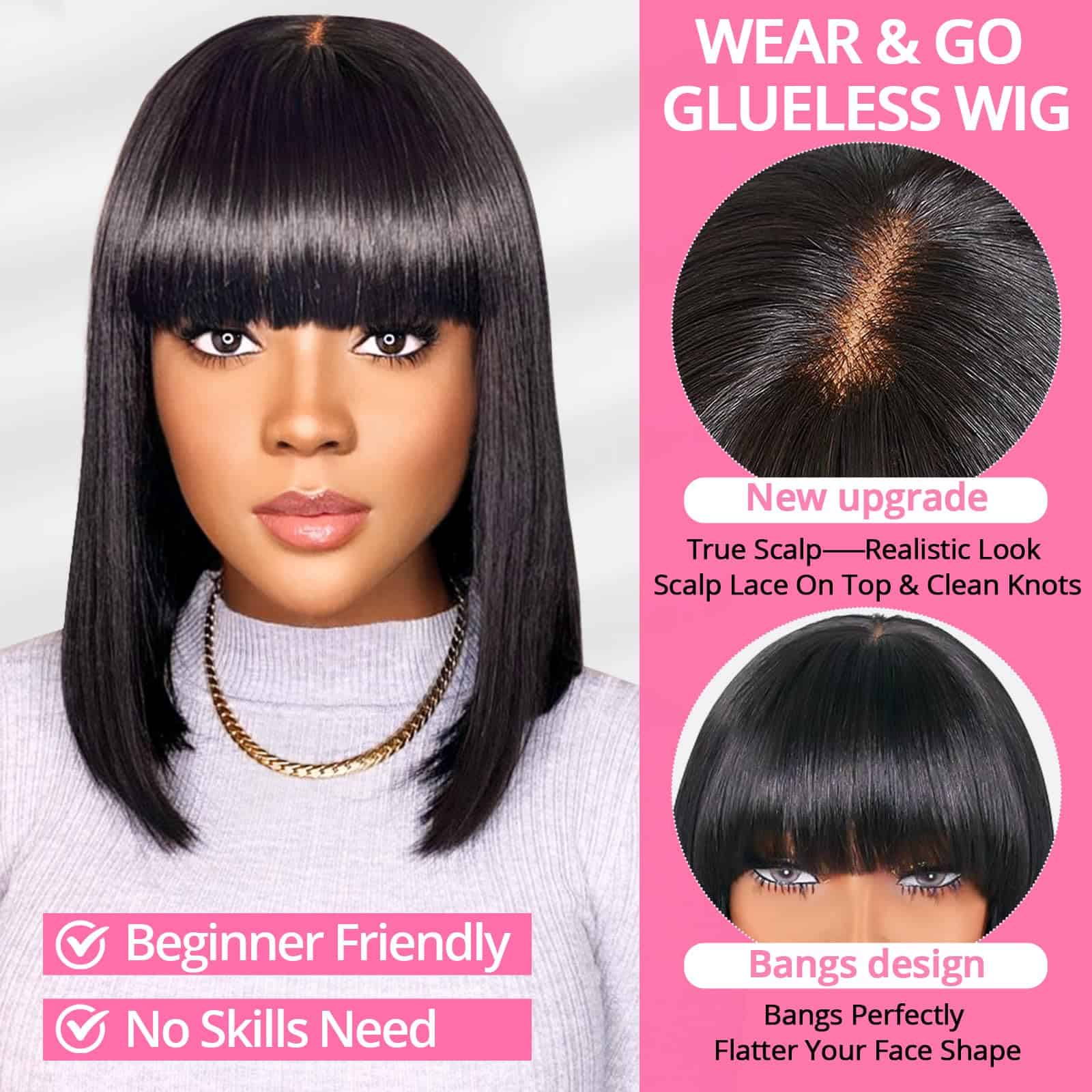 Peluca de Cabello Humano Recto sin Pegamento con Flequillo - Imagen 3