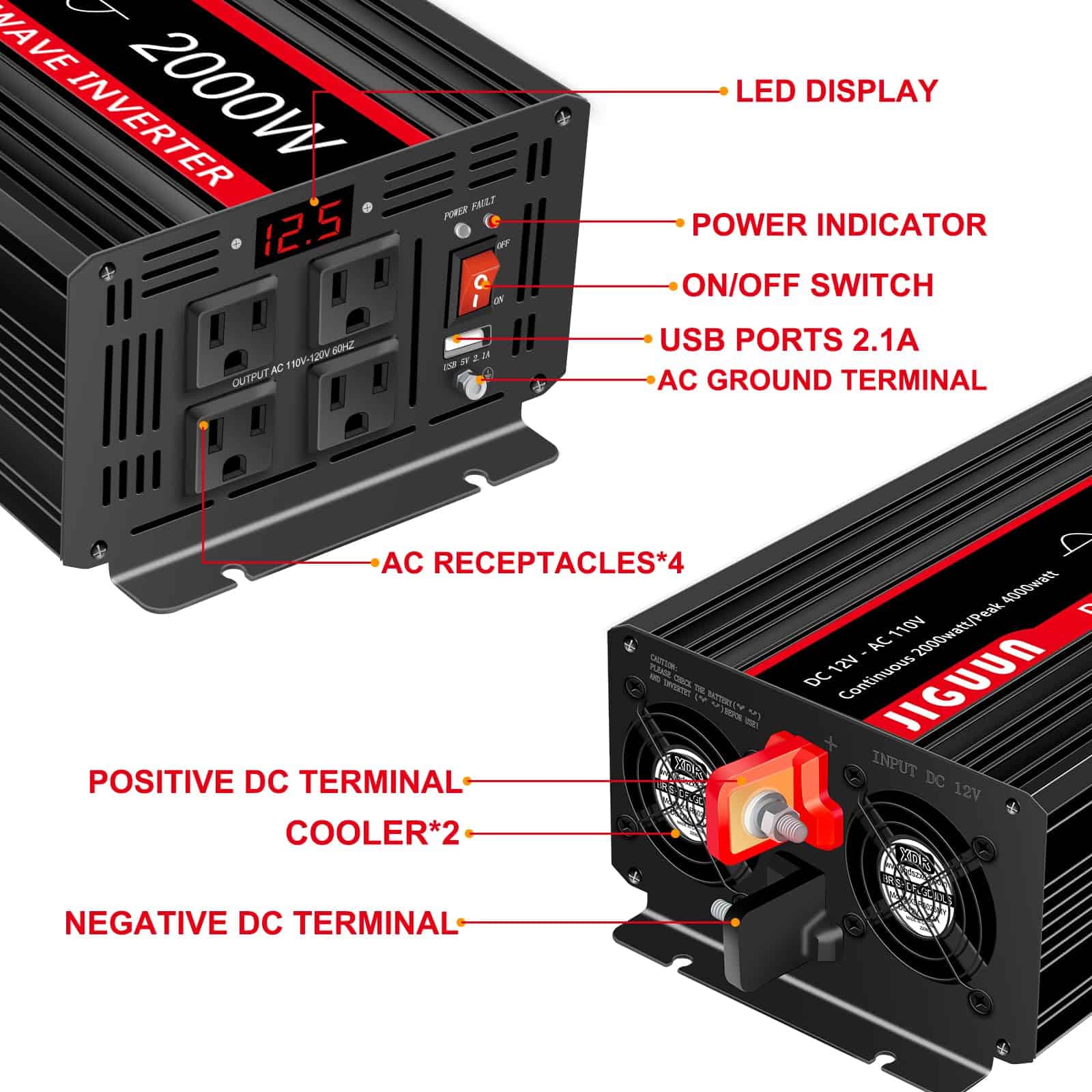 Inversor de Corriente Onda Senoidal Pura 2000W, 12V DC a - Imagen 4