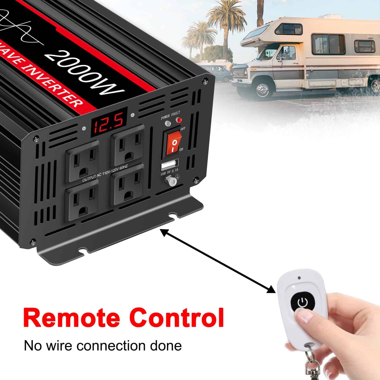 Inversor de Corriente Onda Senoidal Pura 2000W, 12V DC a - Imagen 7