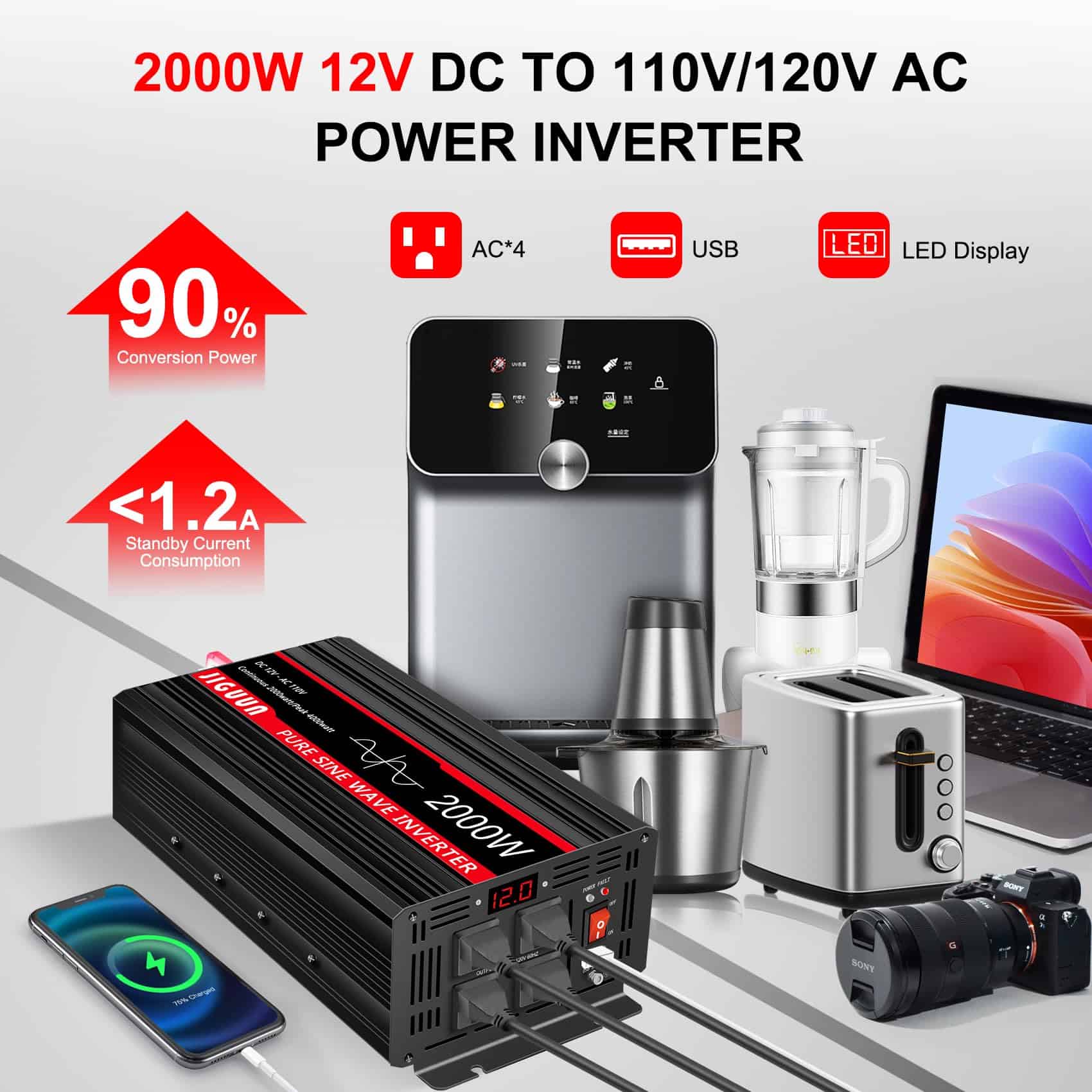 Inversor de Corriente Onda Senoidal Pura 2000W, 12V DC a - Imagen 3