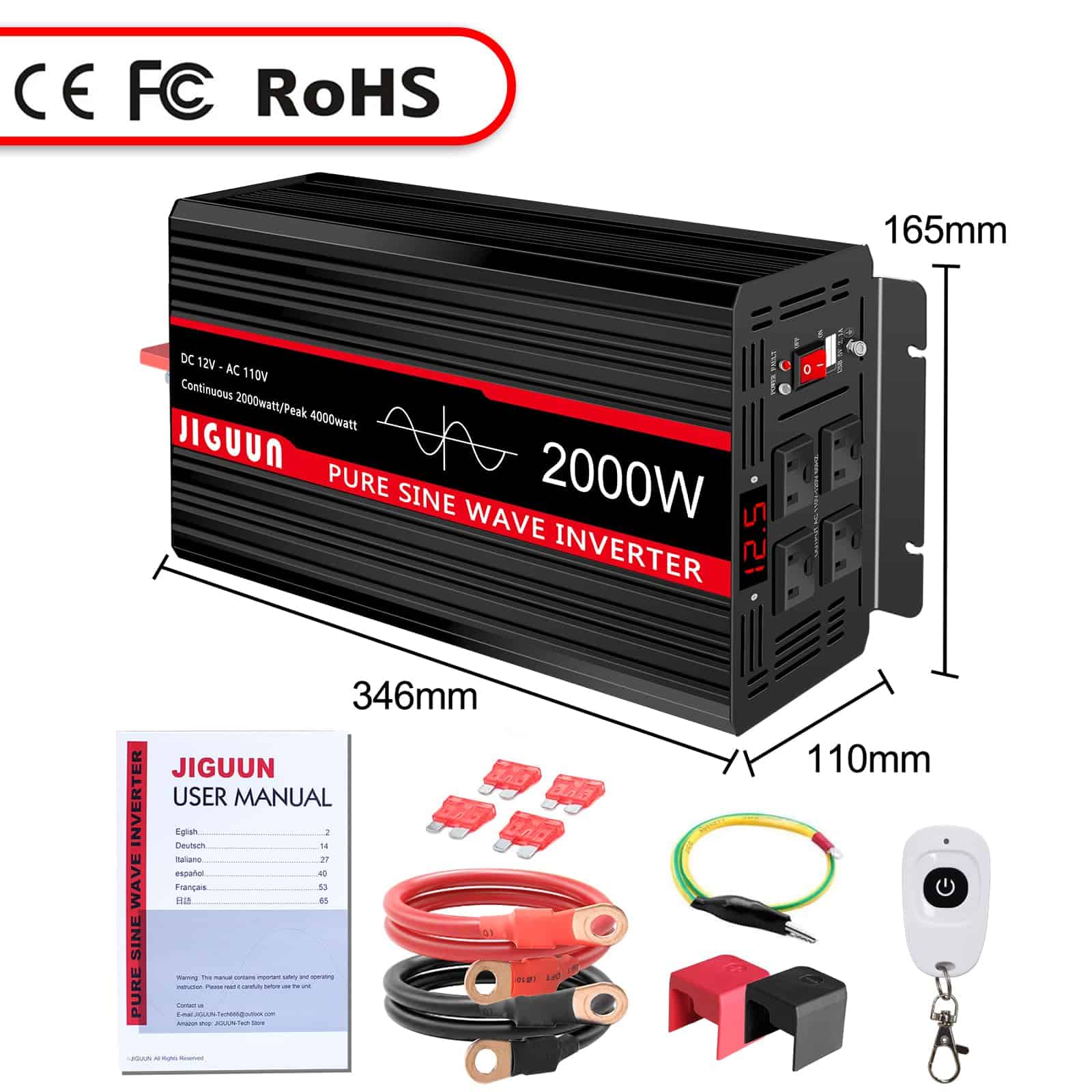 Inversor de Corriente Onda Senoidal Pura 2000W, 12V DC a - Imagen 10