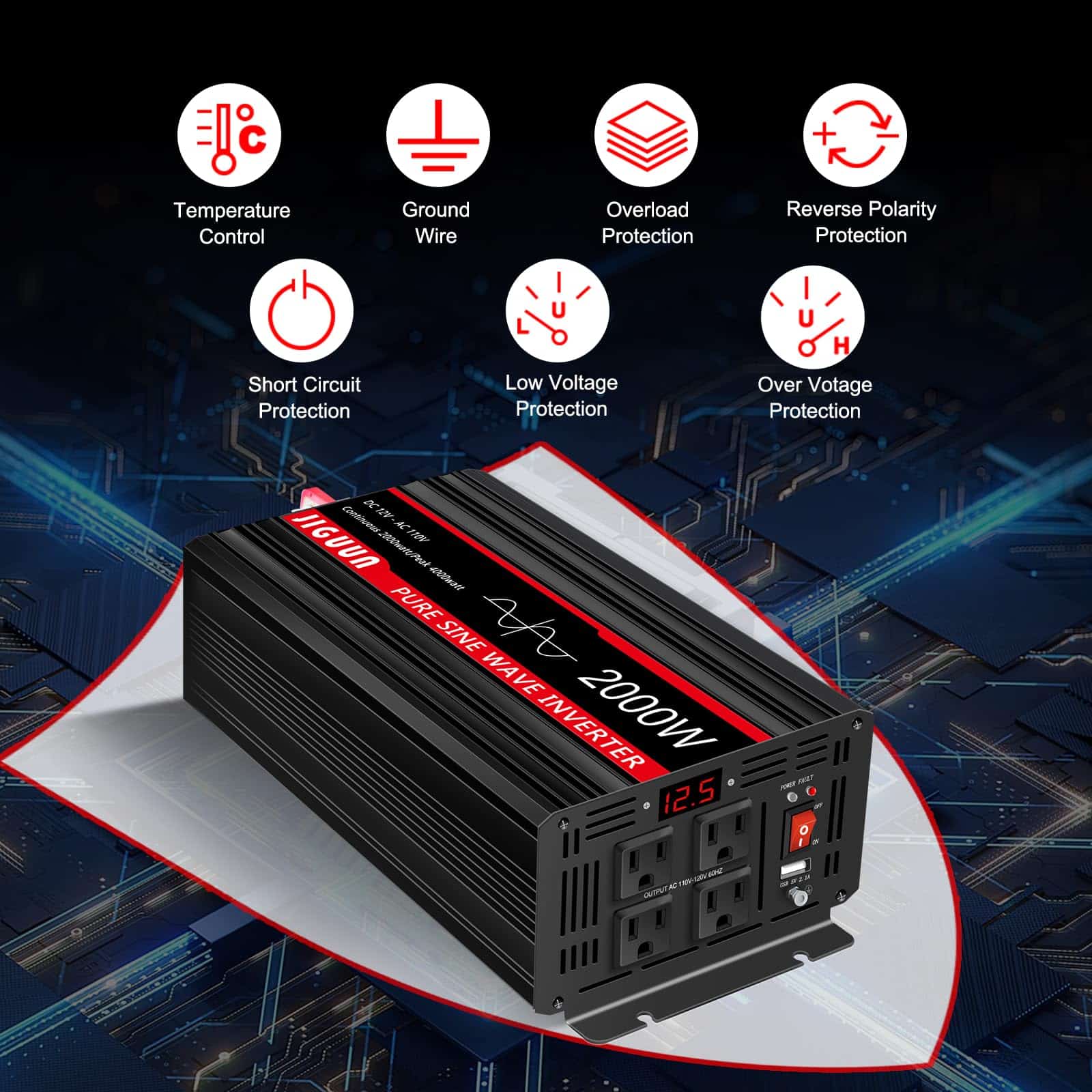 Inversor de Corriente Onda Senoidal Pura 2000W, 12V DC a - Imagen 8