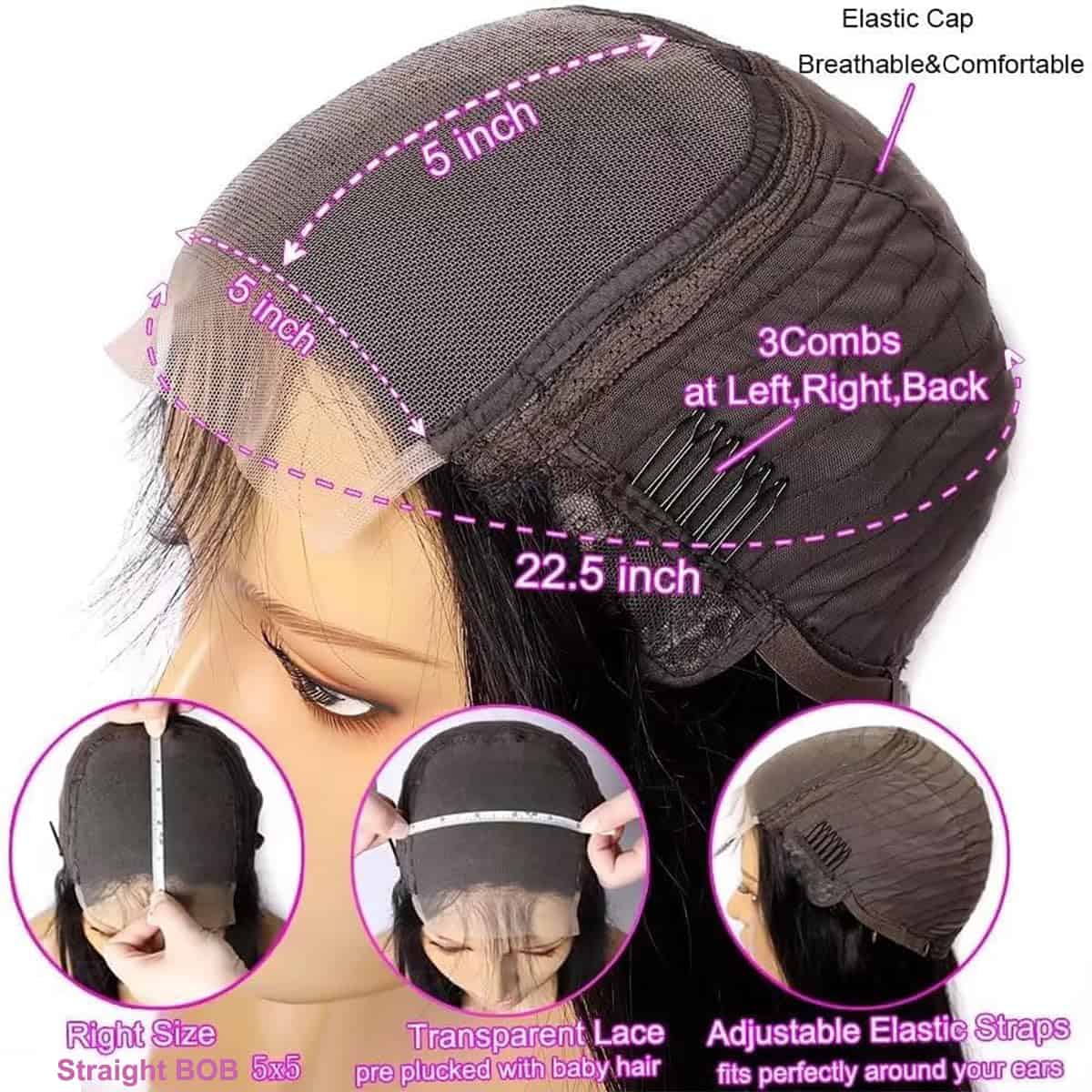 Peluca Bob Corta de Cierre de 5x5 de Cabello Humano - Imagen 5