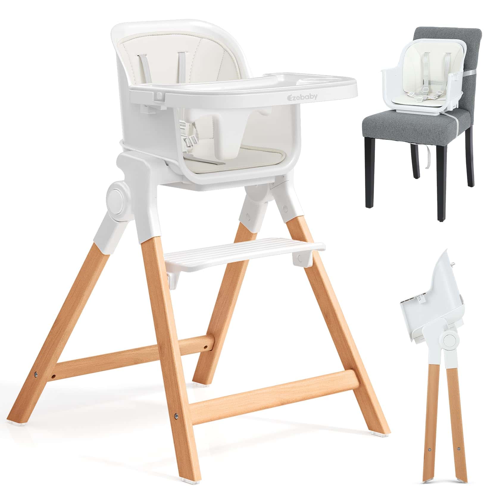 Silla Alta Plegable de Madera Ezebaby, Silla Alta -Blanco Só