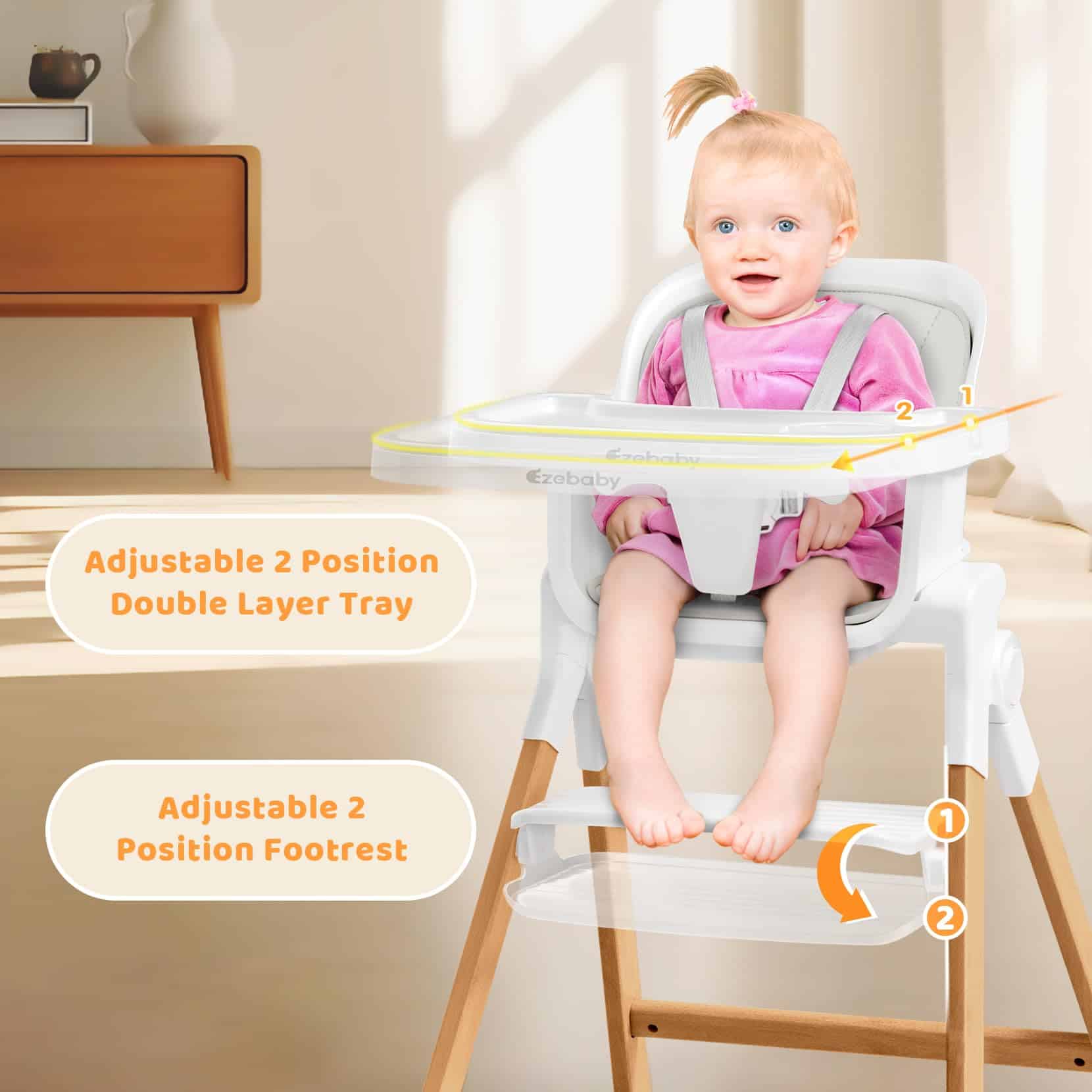 Silla Alta Plegable de Madera Ezebaby, Silla Alta -Blanco Só - Imagen 4