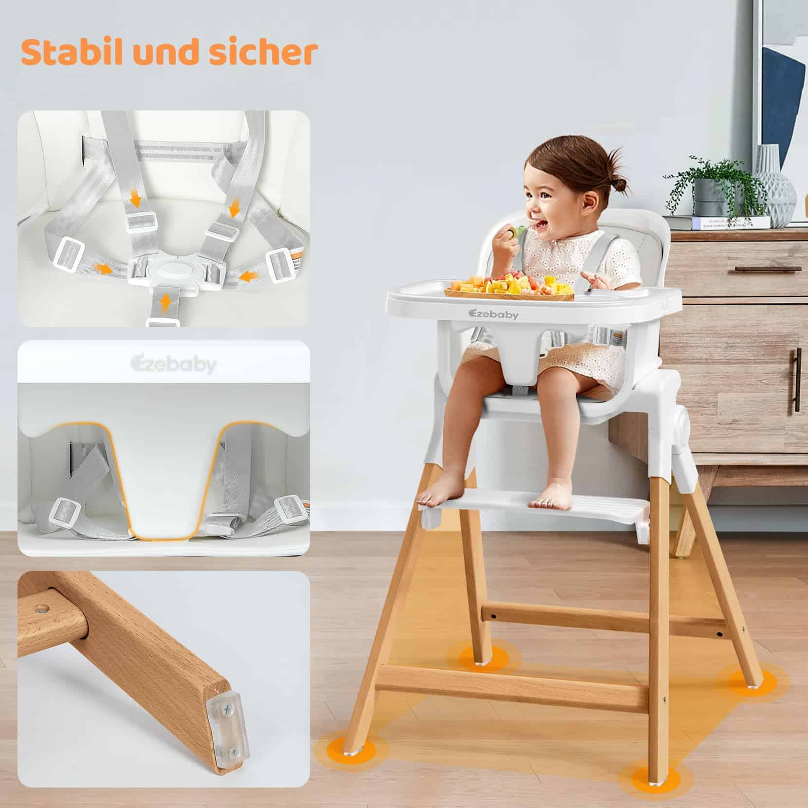 Silla Alta Plegable de Madera Ezebaby, Silla Alta -Blanco Só - Imagen 5