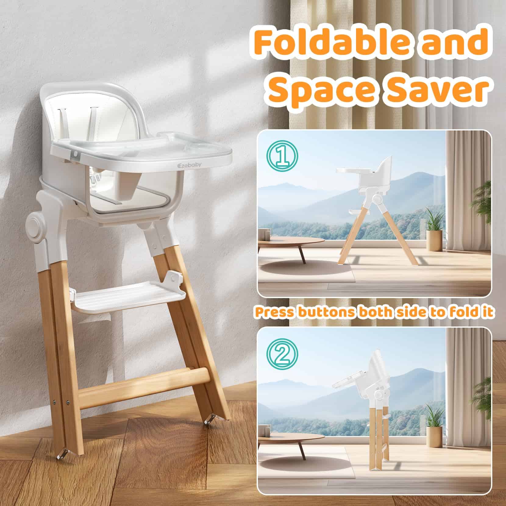 Silla Alta Plegable de Madera Ezebaby, Silla Alta -Blanco Só - Imagen 6