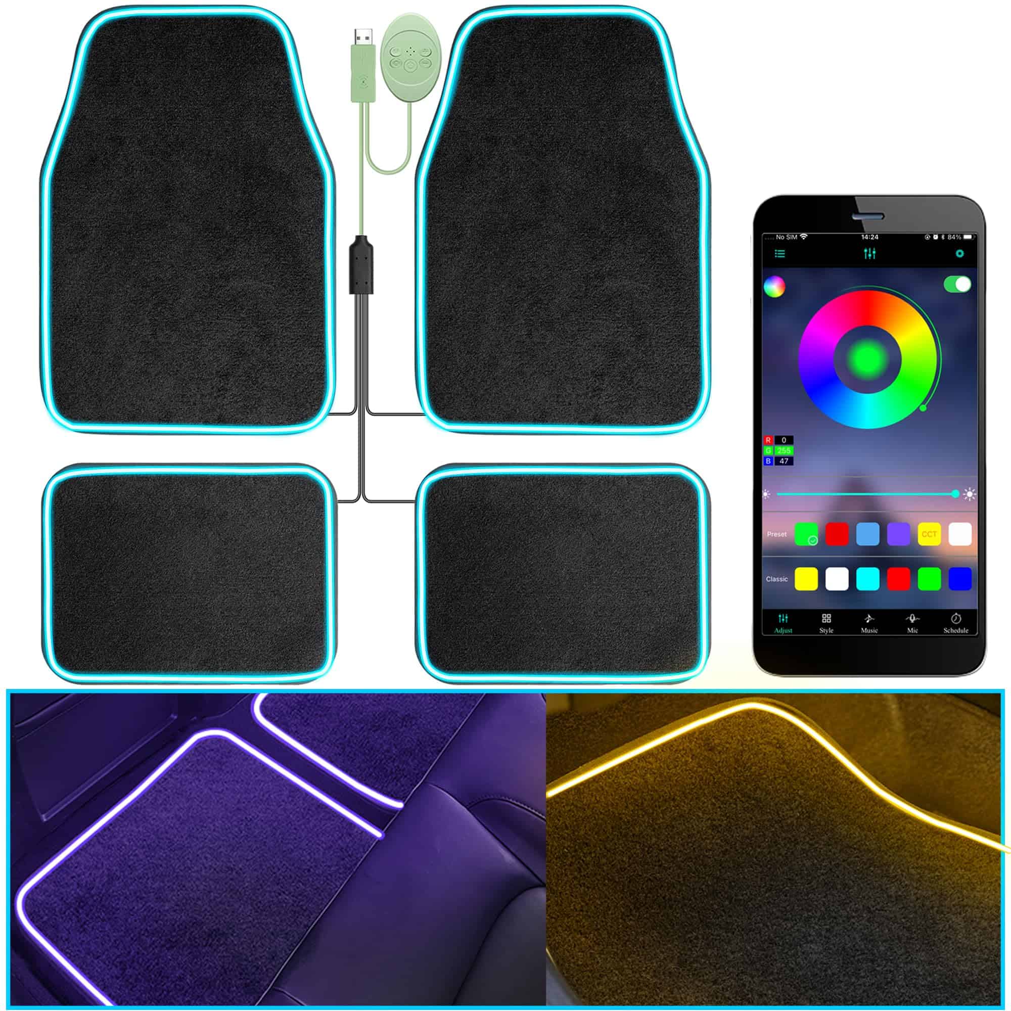 Tapetes de Piso Suaves con Tira de Luces LED, Ajuste