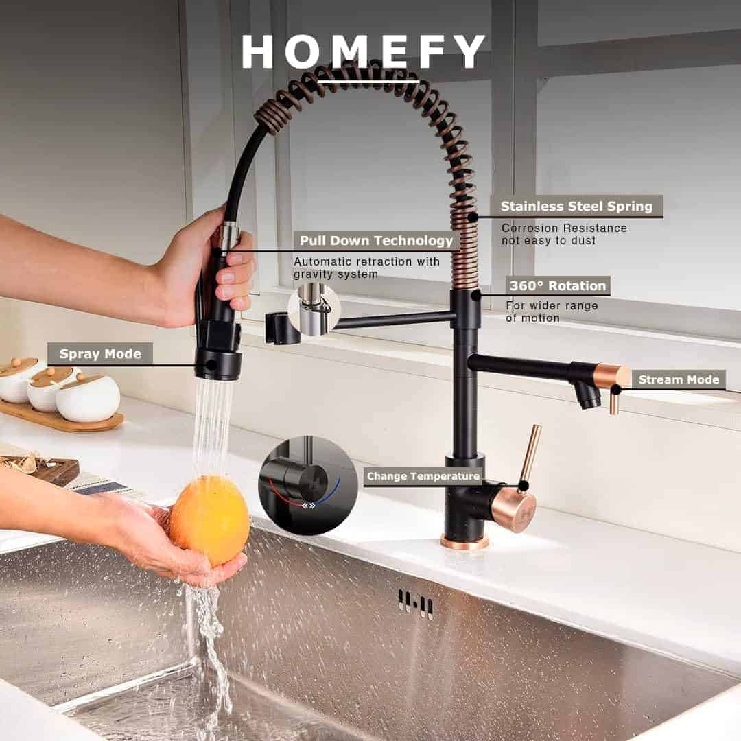 Grifo de Cocina Homefy en Oro Rosa con Rociador Extraíble, - Imagen 6
