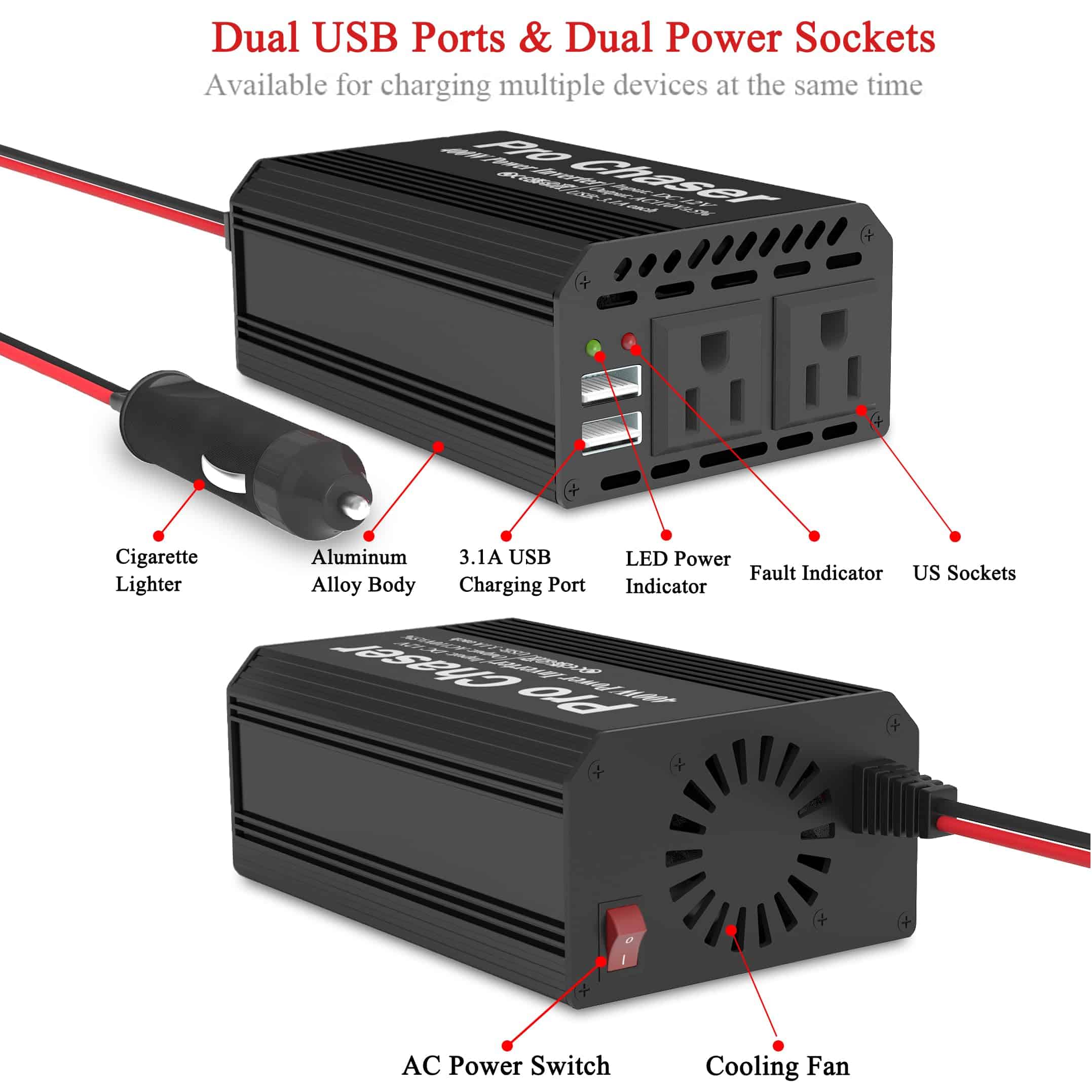Inversor de Corriente para Auto Pro Chaser 400W 12V DC a - Imagen 6