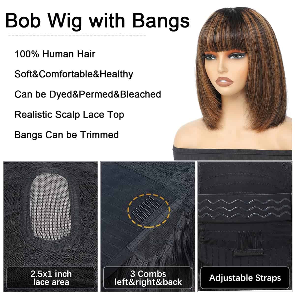 Pelucas de Cabello Humano Bob con Flequillo 1B/30 Destacado - Imagen 3