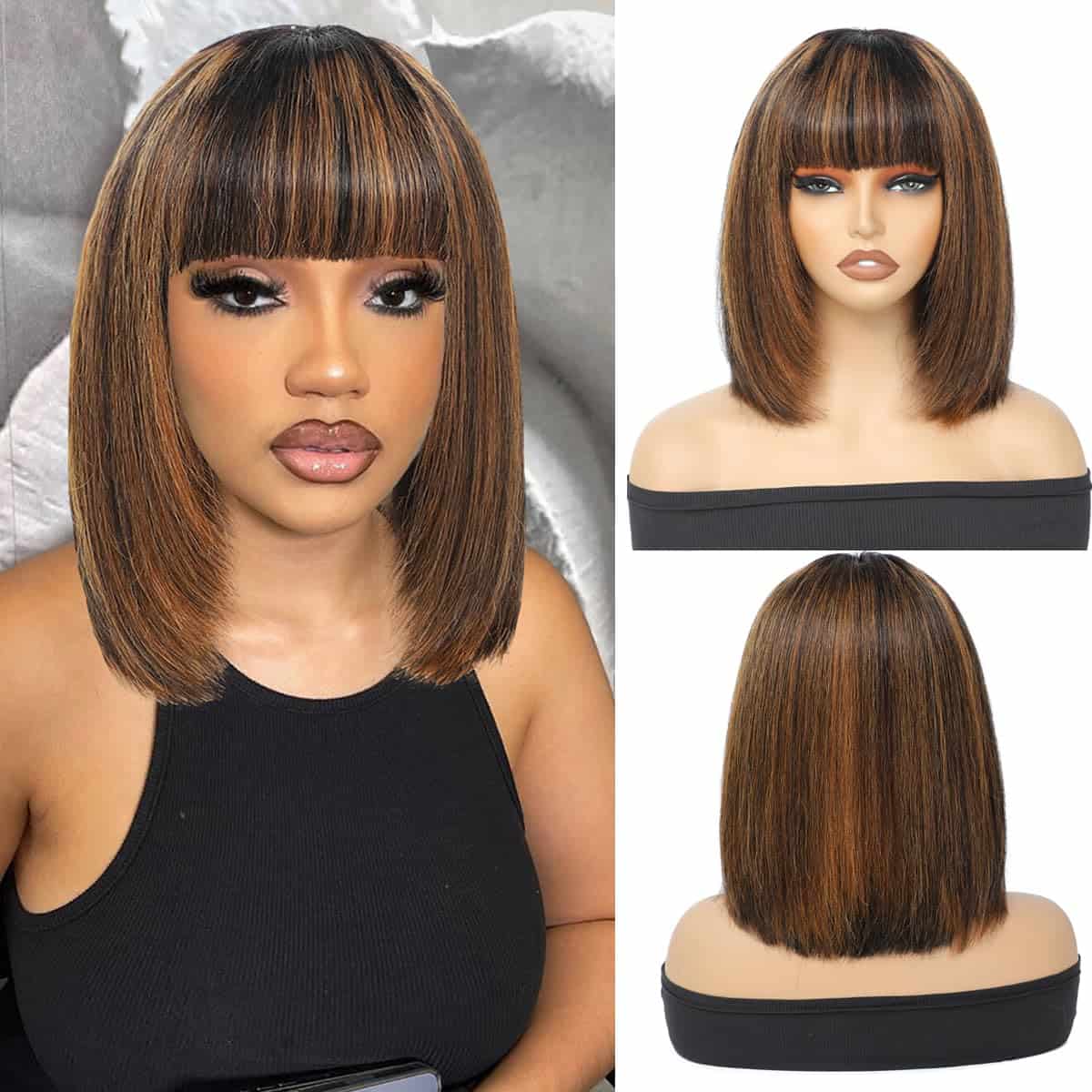 Pelucas de Cabello Humano Bob con Flequillo 1B/30 Destacado