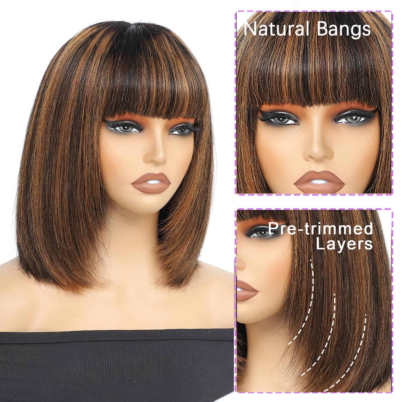 Pelucas de Cabello Humano Bob con Flequillo 1B/30 Destacado - Imagen 4