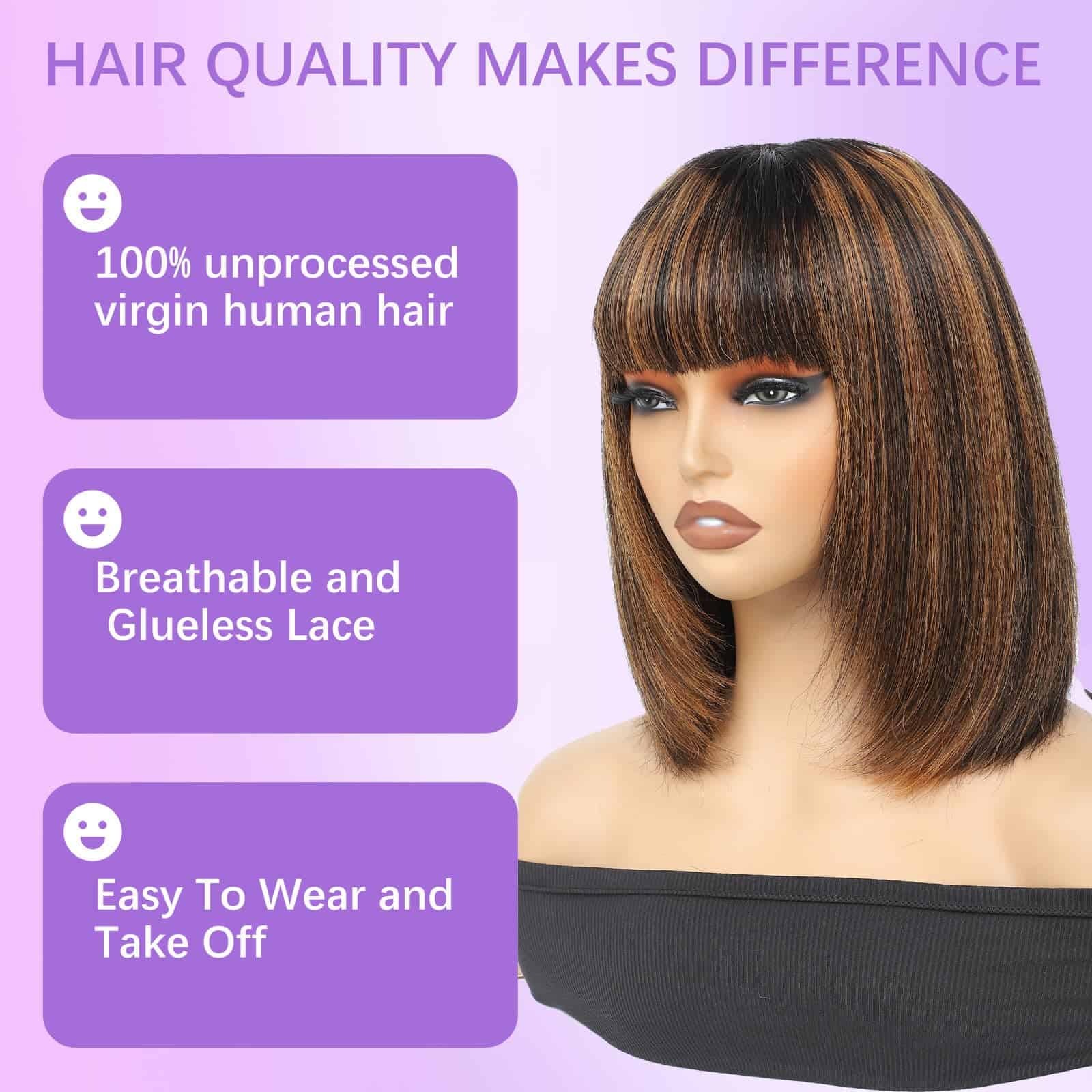 Pelucas de Cabello Humano Bob con Flequillo 1B/30 Destacado - Imagen 5