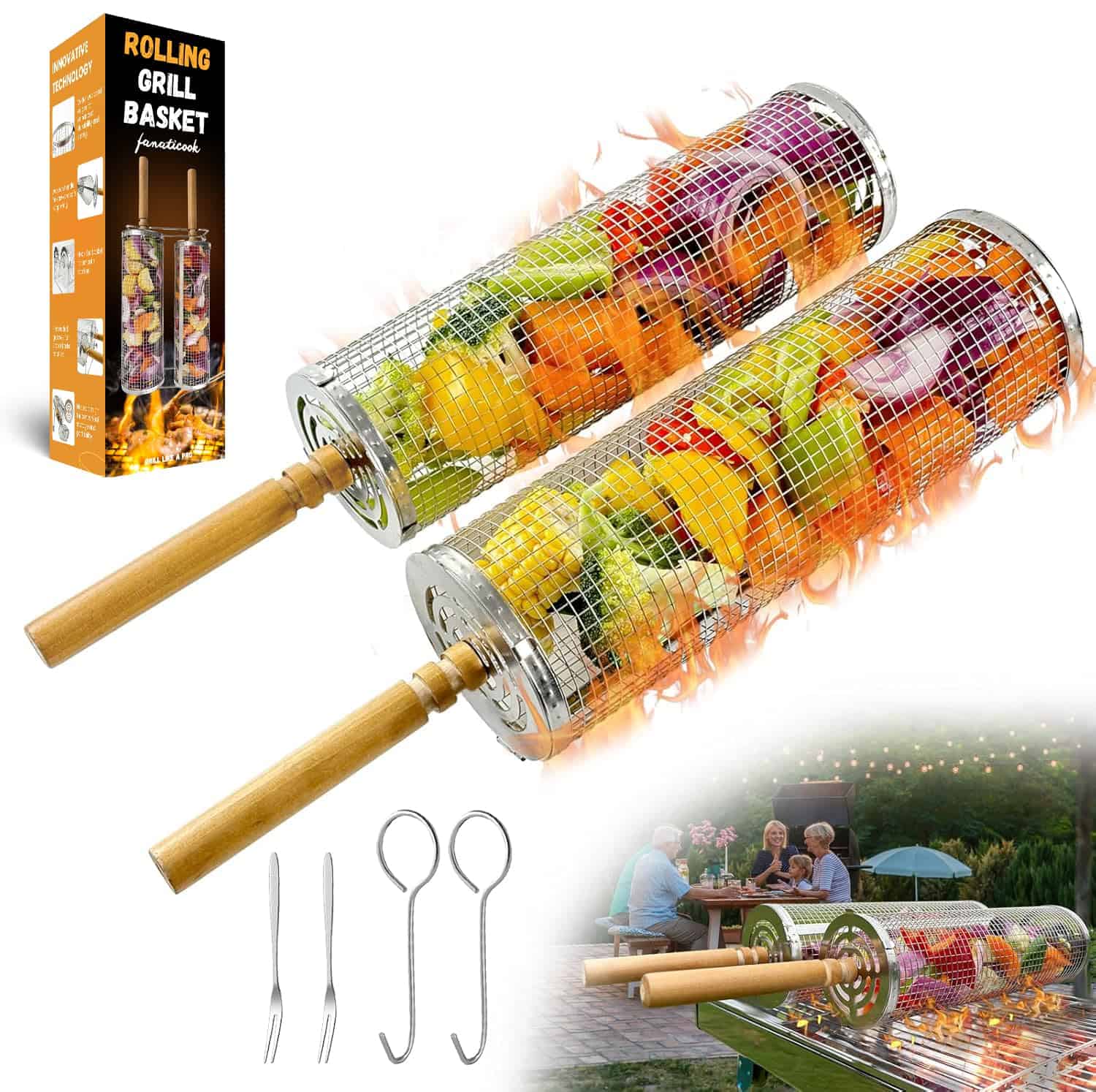 Fanaticook 2 PCS Rolling Grilling Basket, Cestas de