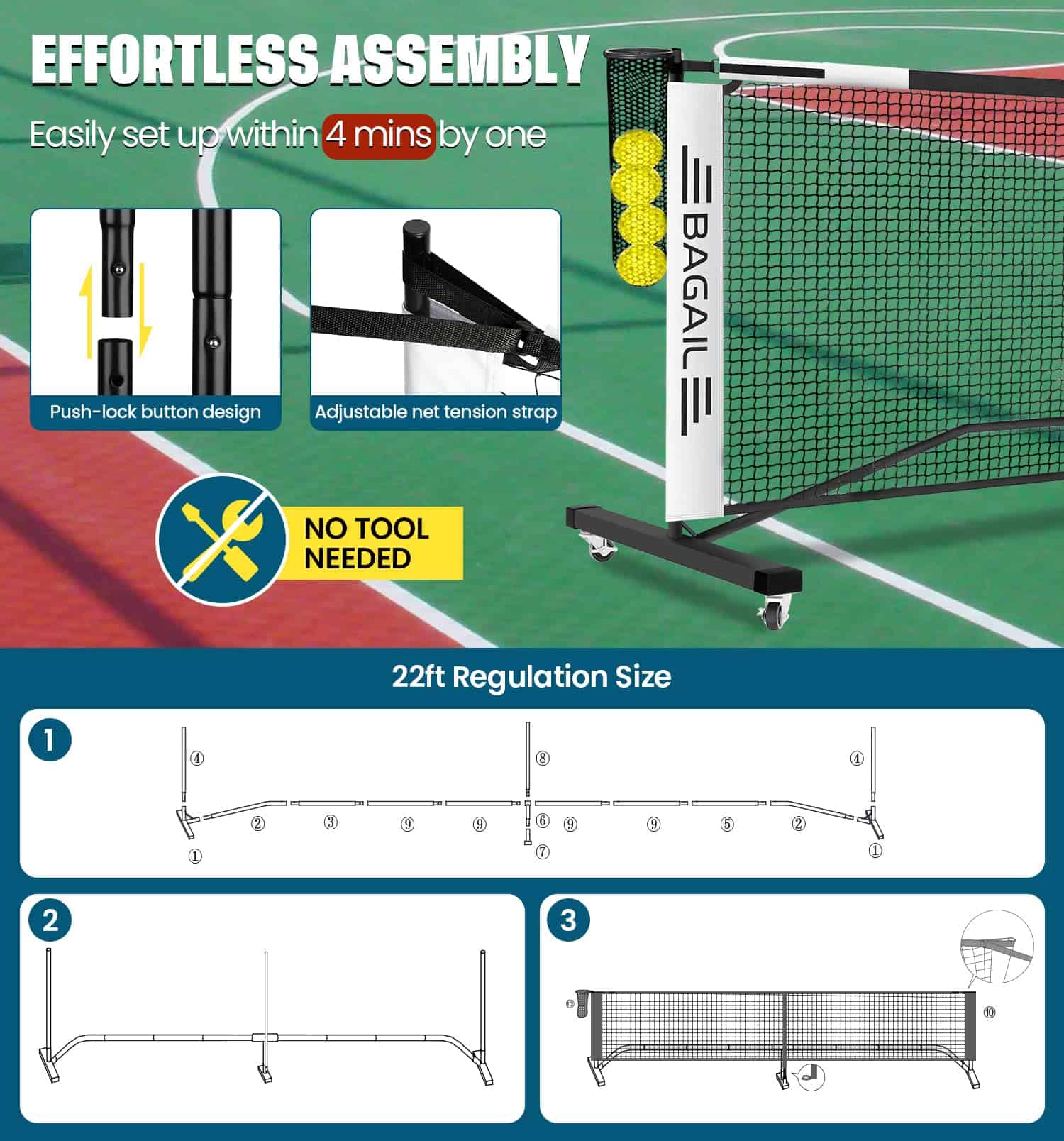 Red portátil de pickleball BAGAIL con -Blanco - Imagen 7