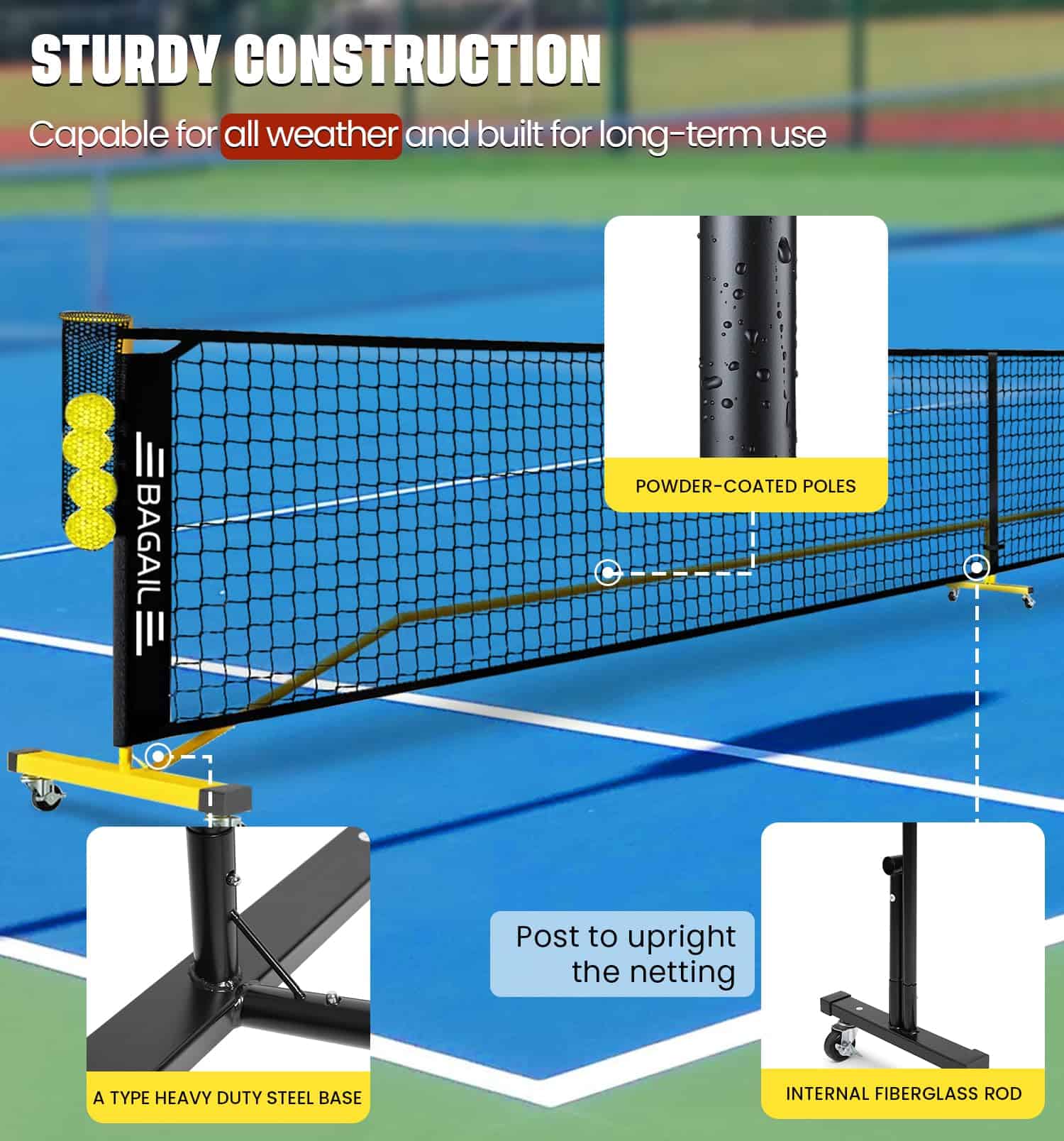 Red portátil de pickleball BAGAIL con -Amarillo + Negro - Imagen 6
