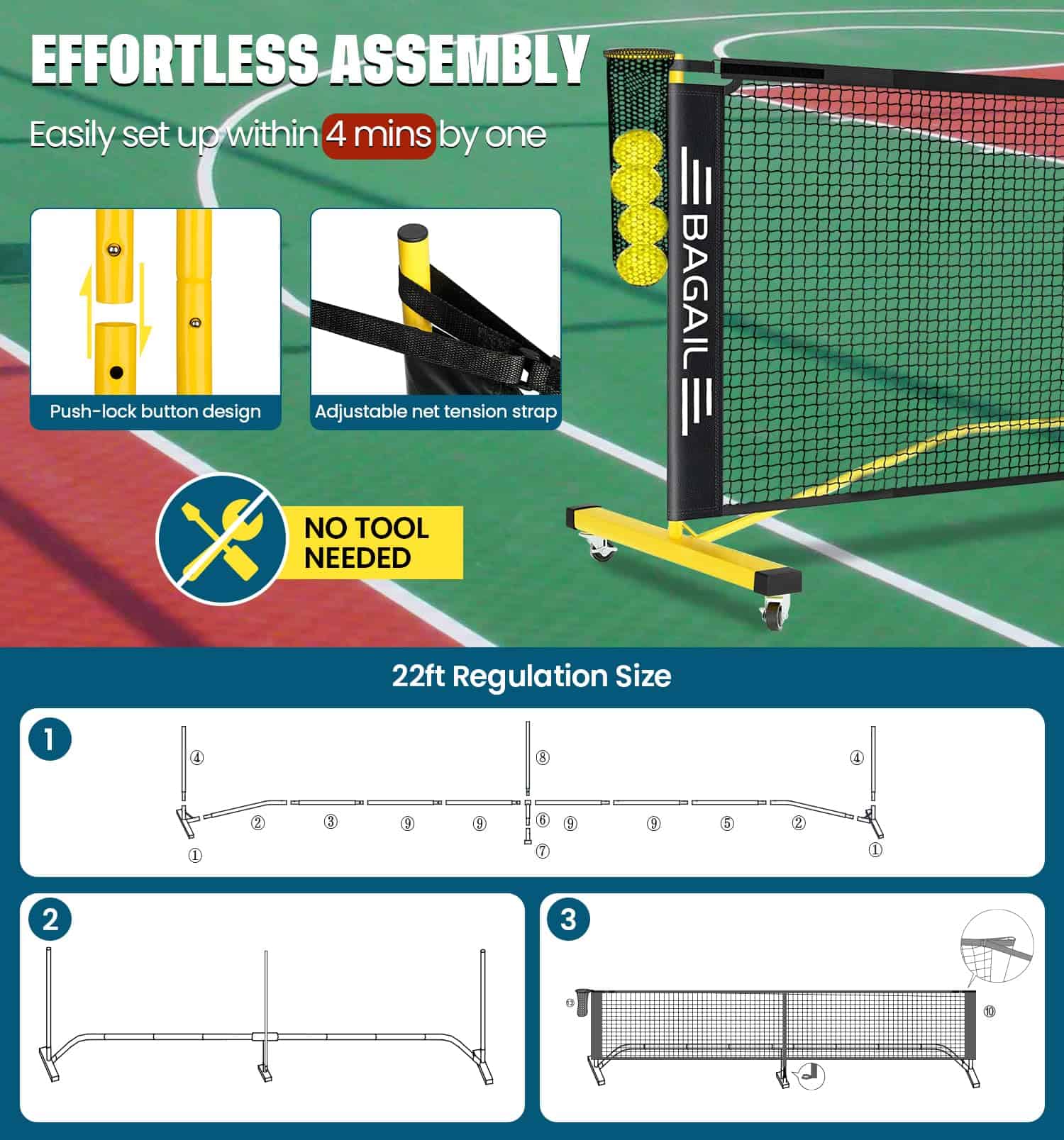 Red portátil de pickleball BAGAIL con -Amarillo + Negro - Imagen 7