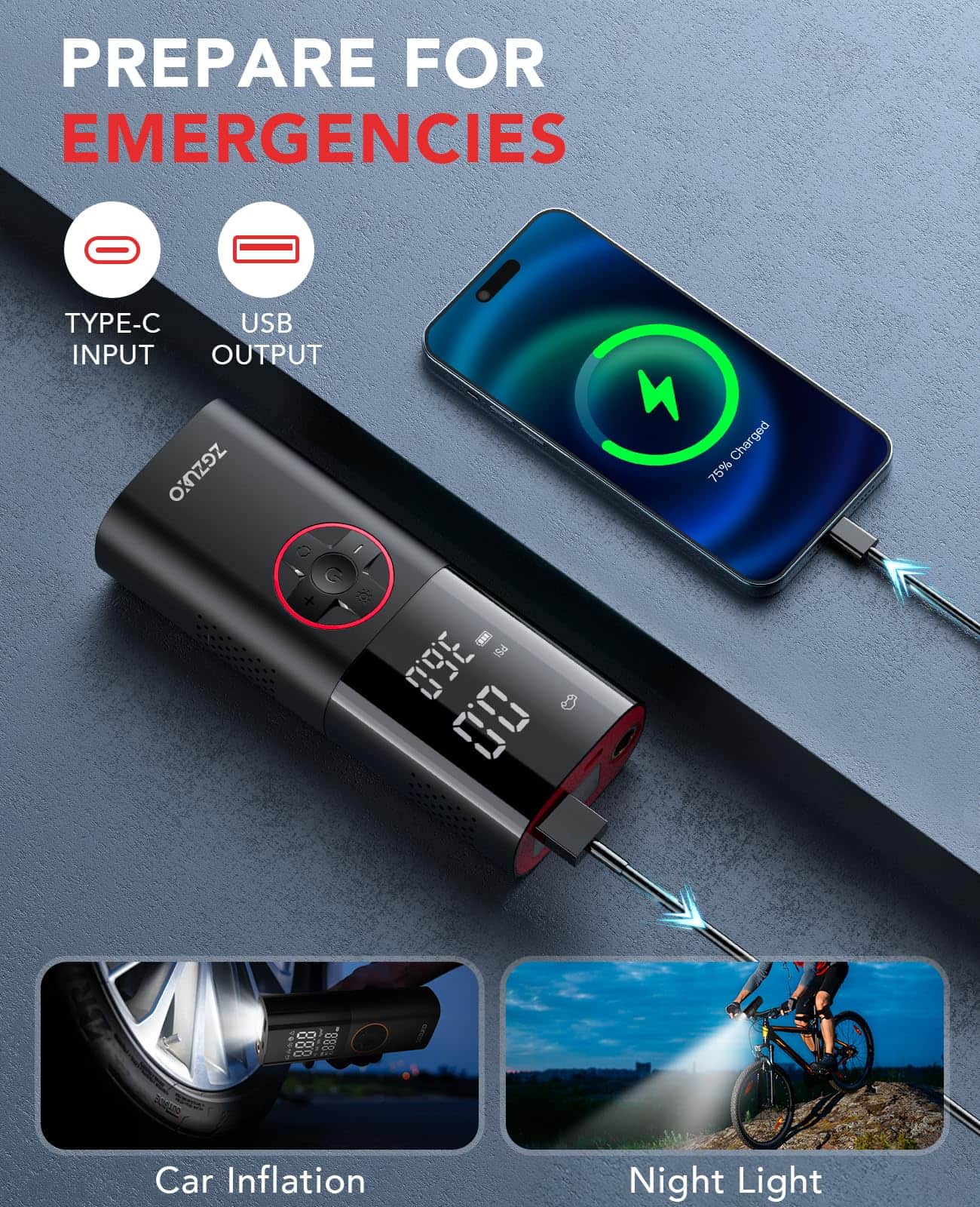 Inflador de neumáticos ZGZUXO, Compresor de aire portátil, - Imagen 7