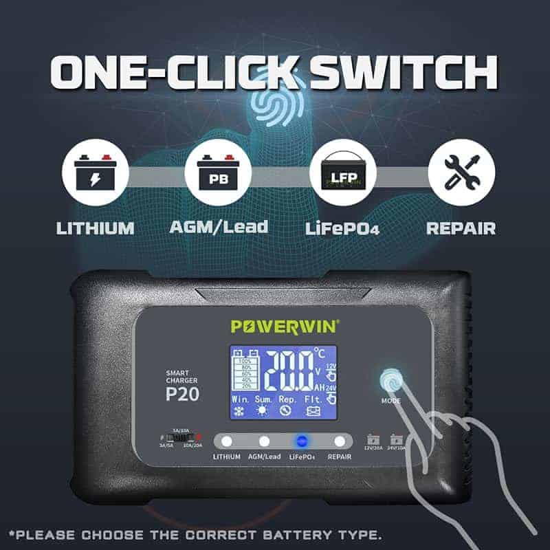 Cargador Inteligente POWERWIN P20 12V20A 24V10A Carga - Imagen 3