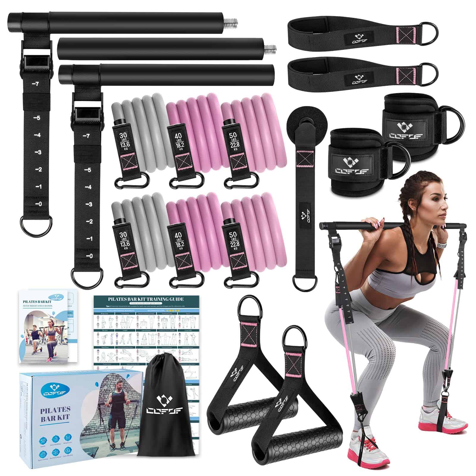 Kit de Barra de Pilates con Bandas de -Rosa Pro (30/40/50lbs