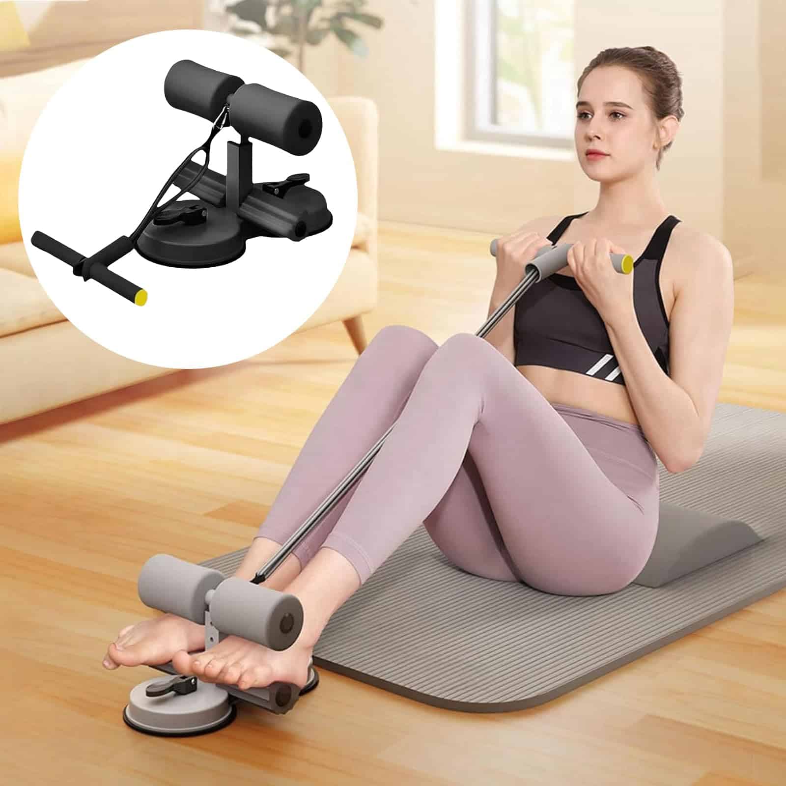 Barra de sit up gris con pedal para pies y cuerda elástica