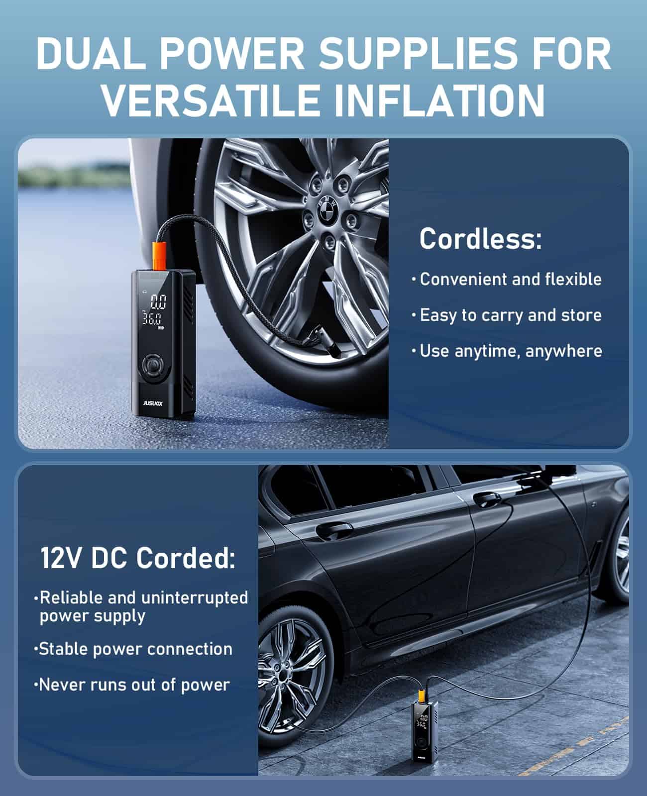 Inflador de neumáticos JUSUOX, compresor de -Negro - Imagen 4