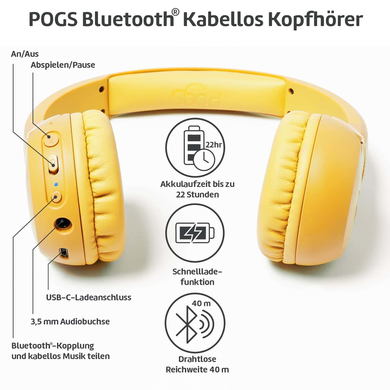 Audífonos inalámbricos Bluetooth POGS Kids | -Amarillo - Imagen 3