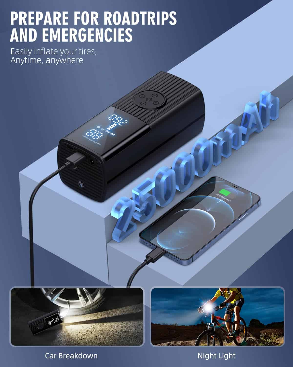 Inflador de Neumáticos Compresor de Aire Portátil, 180PSI y - Imagen 7