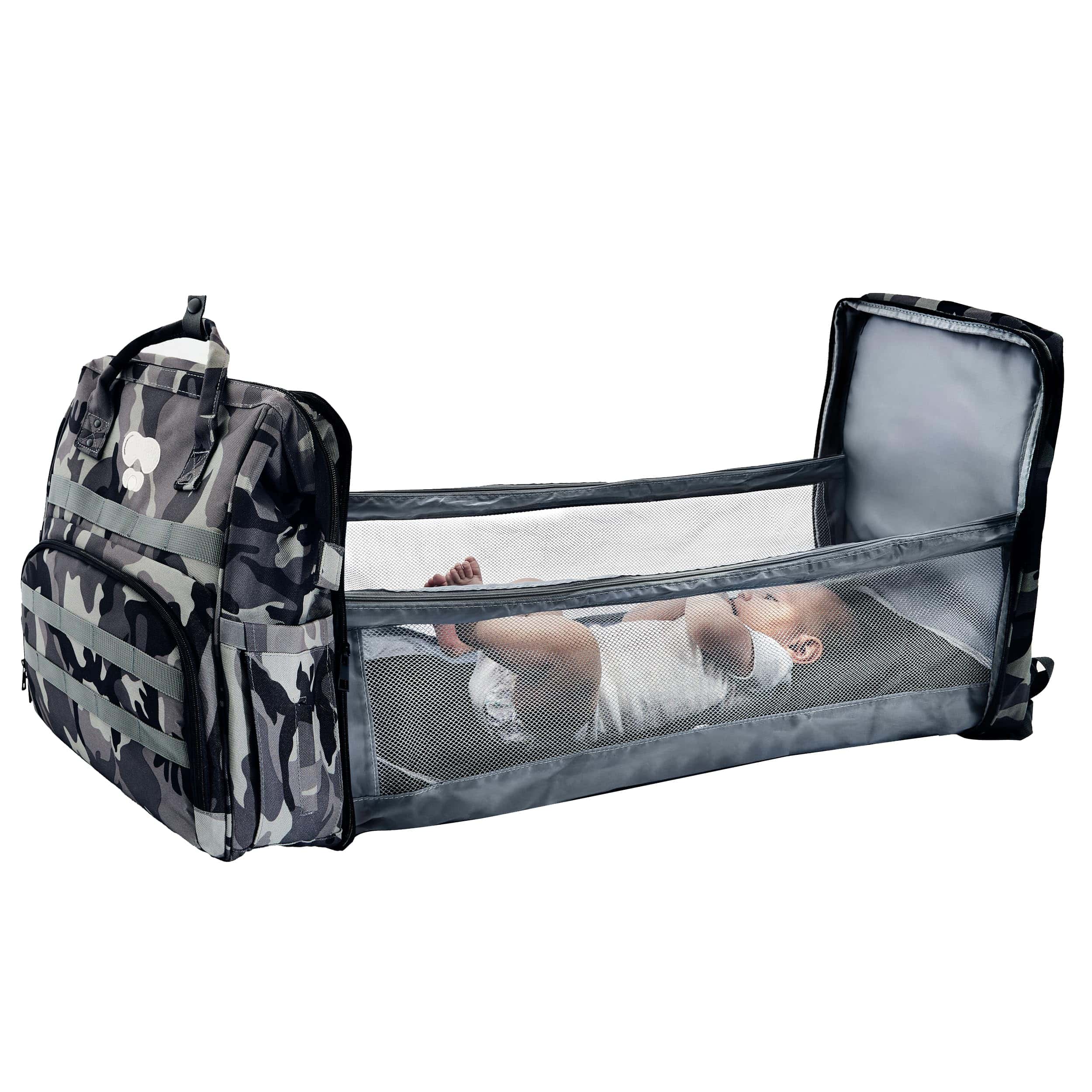 Mochila de pañales camuflaje con estación de cambio (Negro