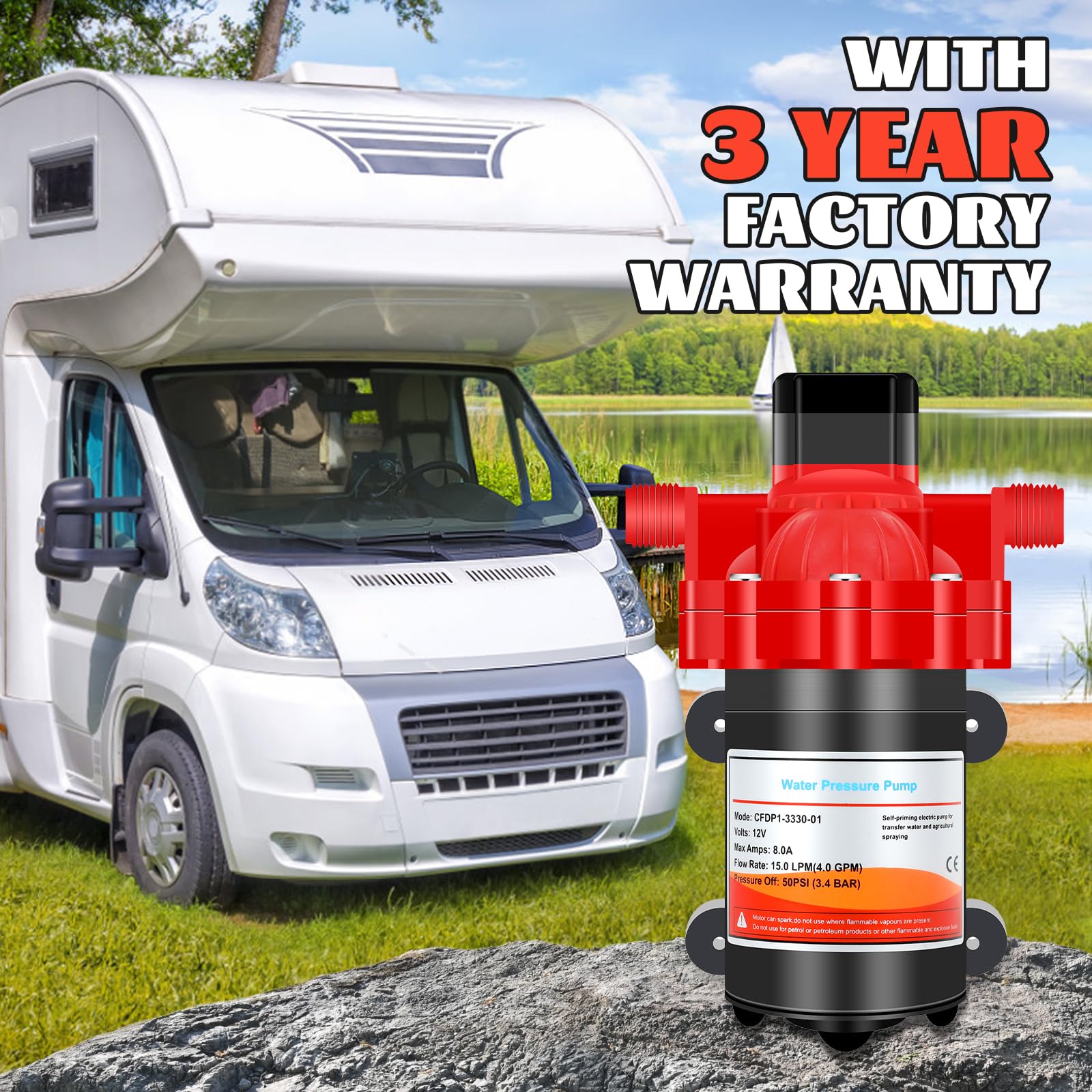 Bomba de diafragma autocebante de agua 12V Serie 33 4.0GPM - Imagen 5