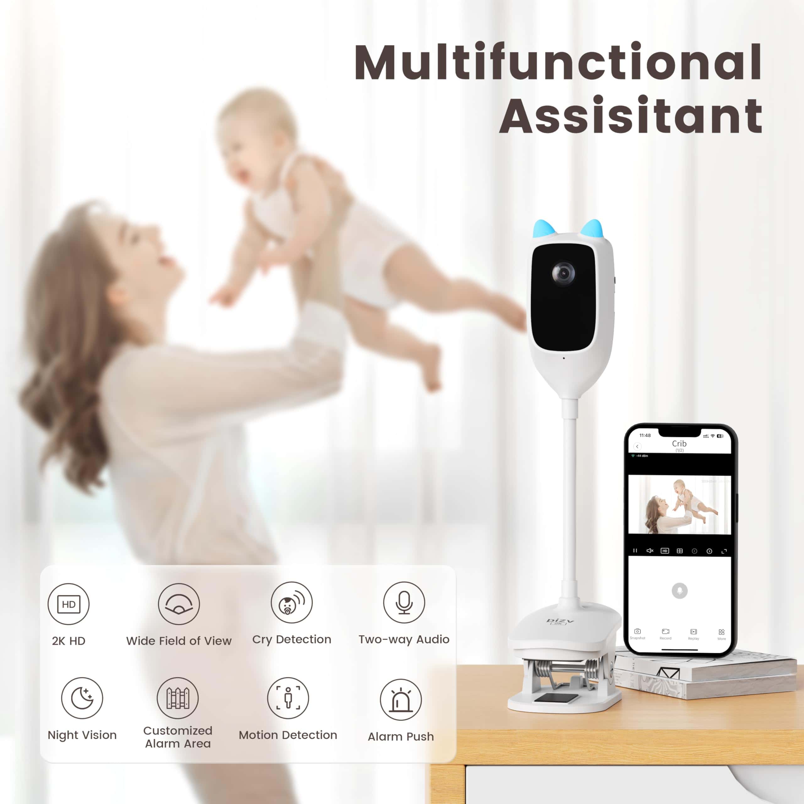 Monitor para Bebés bizv 2K con Soporte para Cuna, Rotación - Imagen 3