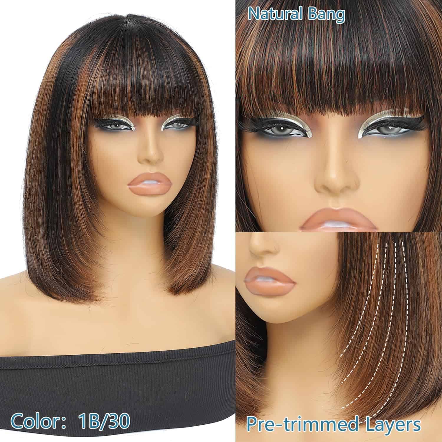 Peluca Bob Recta en Capas 1b/30 de Cabello Humano con - Imagen 3