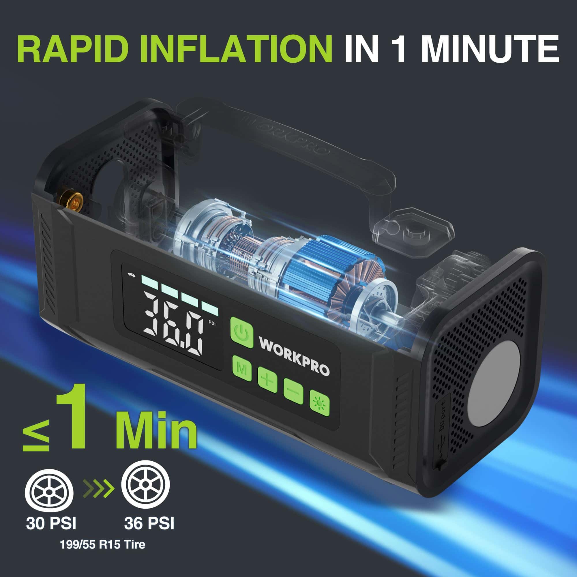 Compresor de Aire Portátil WORKPRO para Neumáticos, Bomba - Imagen 3