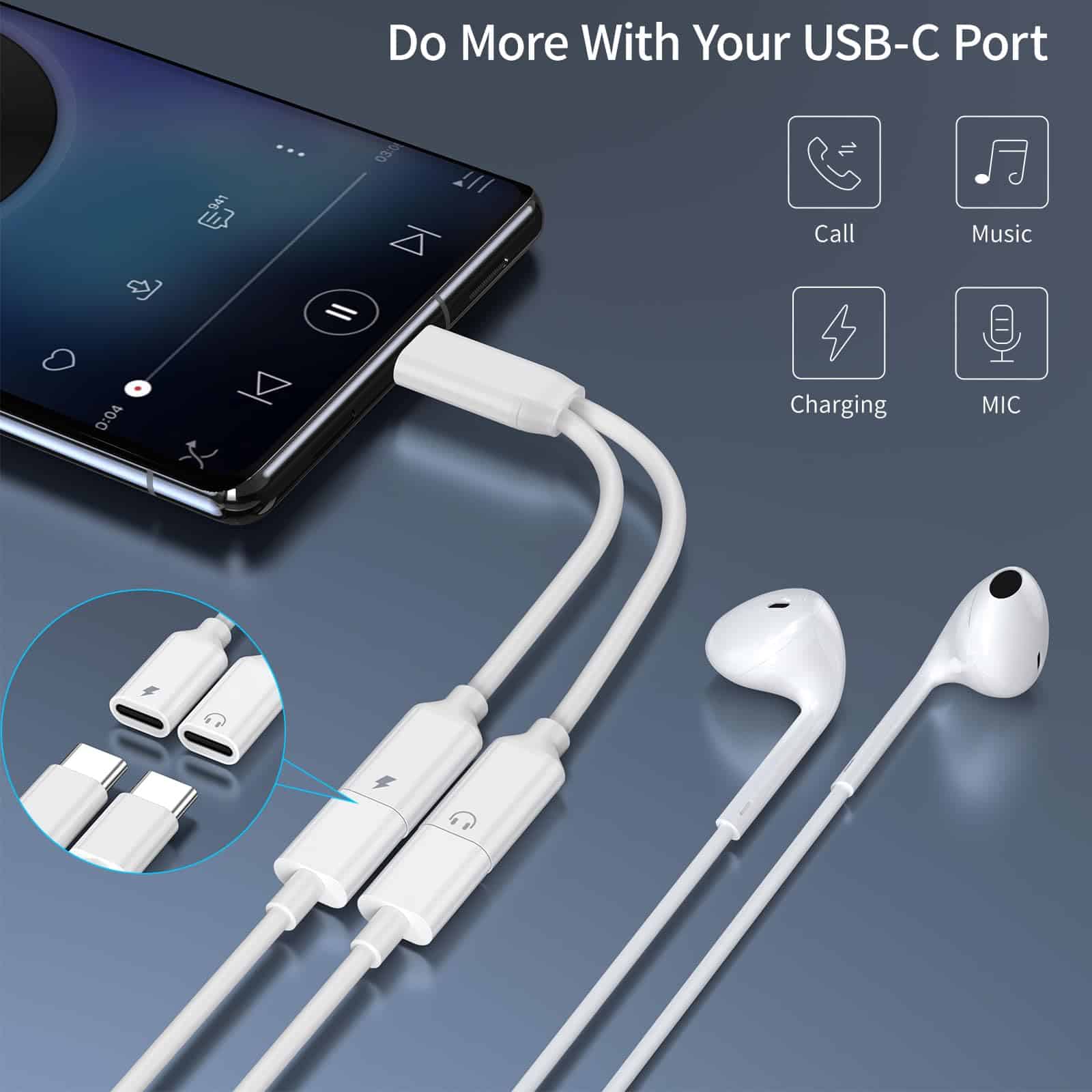 Adaptador Divisor de Carga Rápida y Audífonos USB C Dual, - Imagen 3