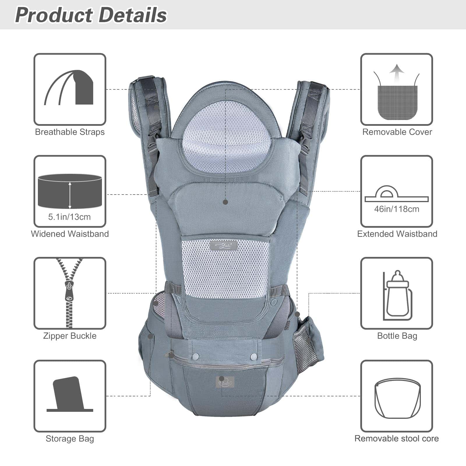 Portabebés Ergonómico con Asiento de Cadera Bolsa Canguro - Imagen 3