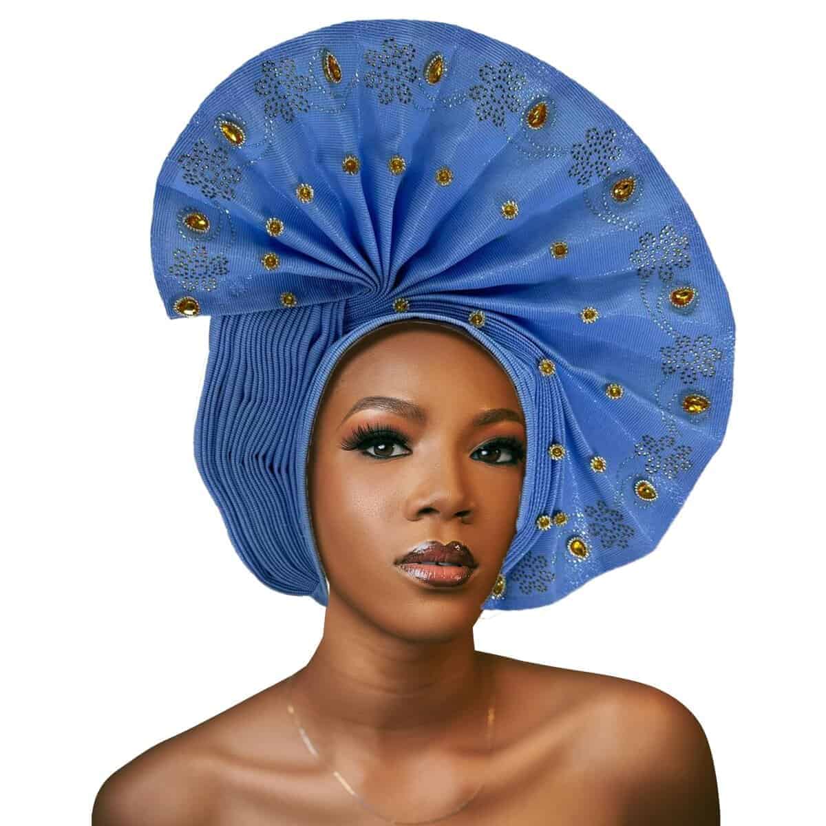 Gele Headties African Aso Oke Headgear for -Light Blue