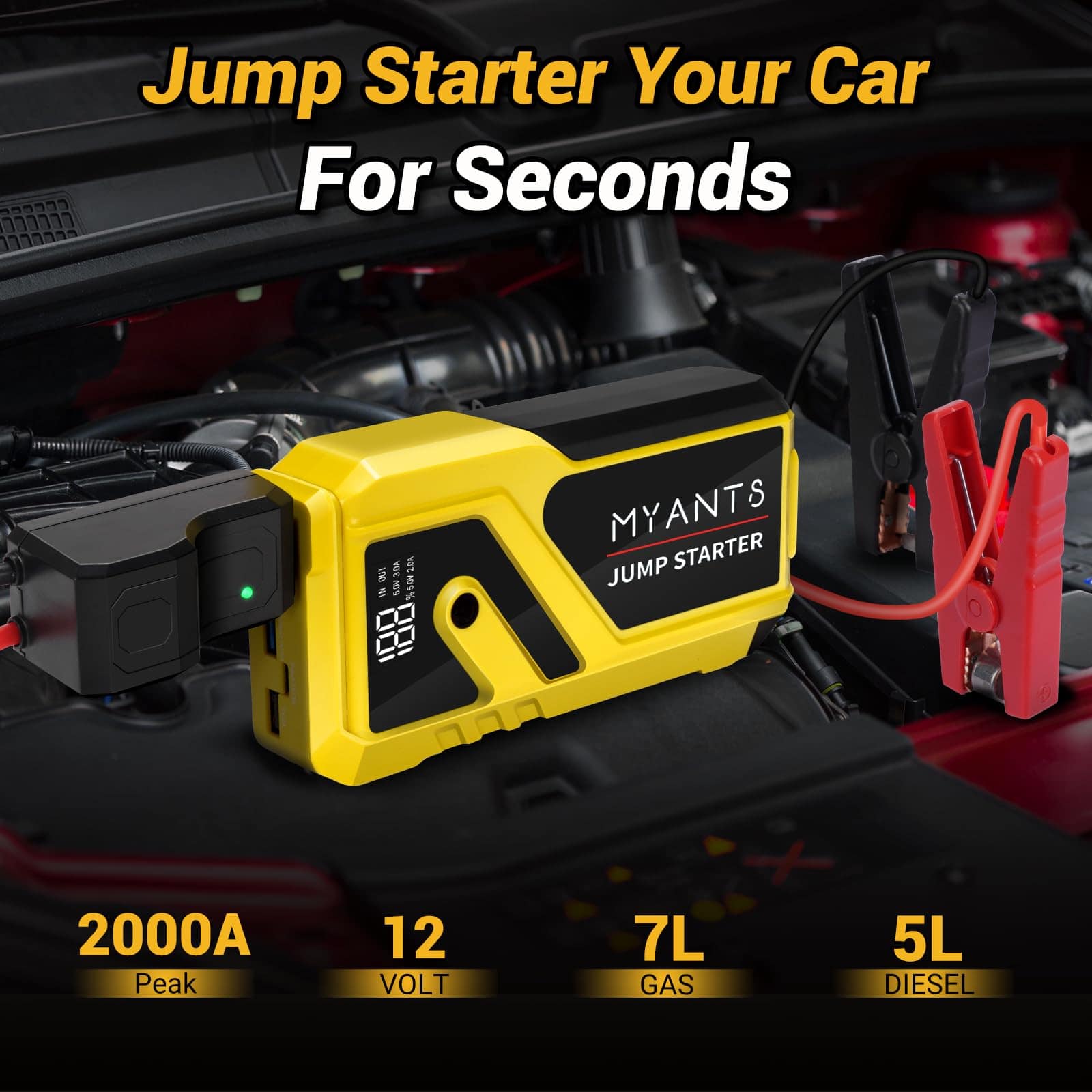 Arrancador de Batería para Coche, 2000A Pico 12v Jump - Imagen 3