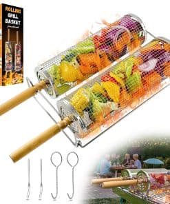 Cestas de Parrilla Nesting Fanaticook 2PCS, Mango de Madera