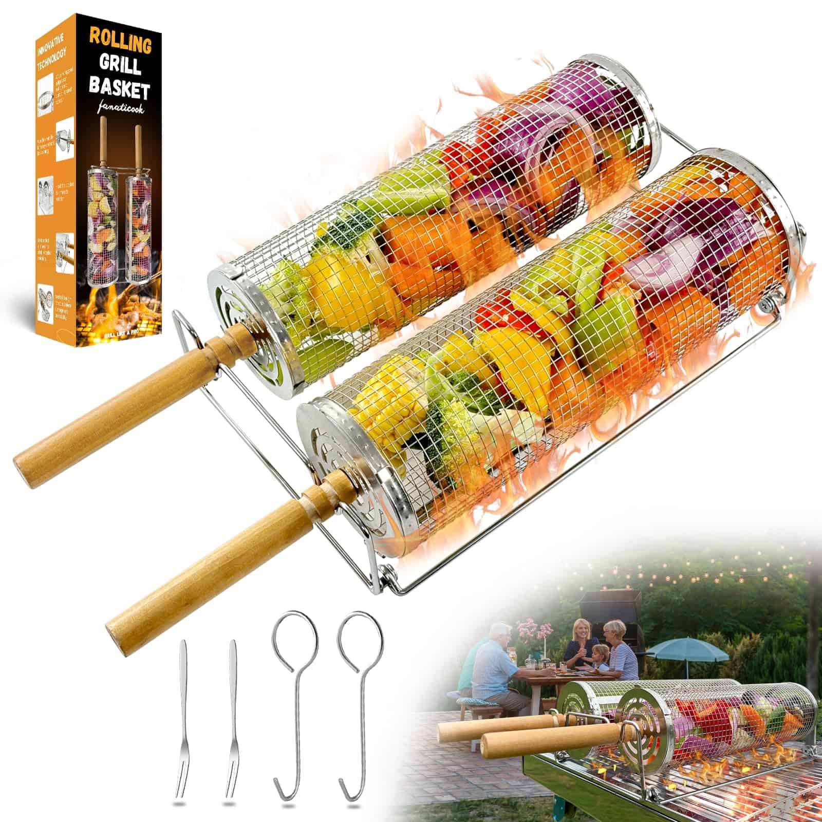 Cestas de Parrilla Nesting Fanaticook 2PCS, Mango de Madera