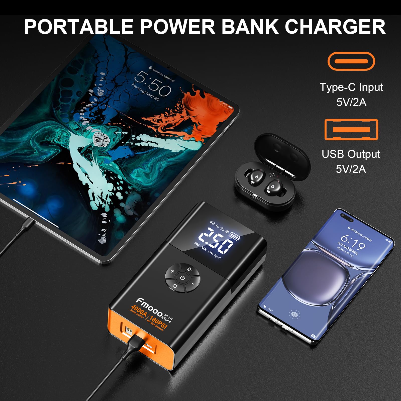 Arrancador de Batería para Coche Portátil con Compresor de - Imagen 4