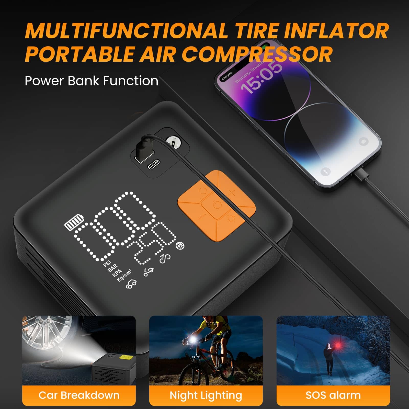 Inflador de neumáticos Compresor de aire portátil, 3X - Imagen 8