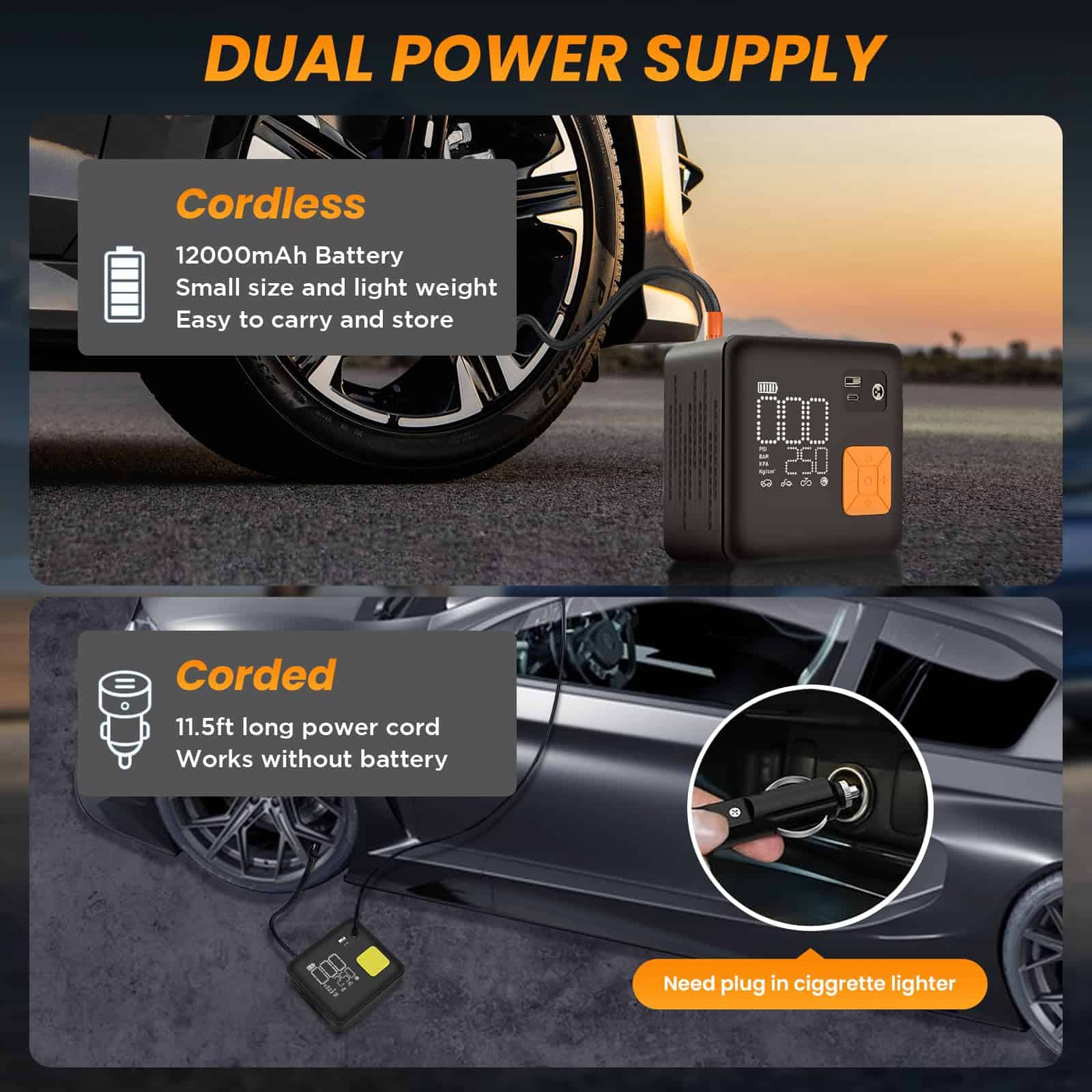 Inflador de neumáticos Compresor de aire portátil, 3X - Imagen 4