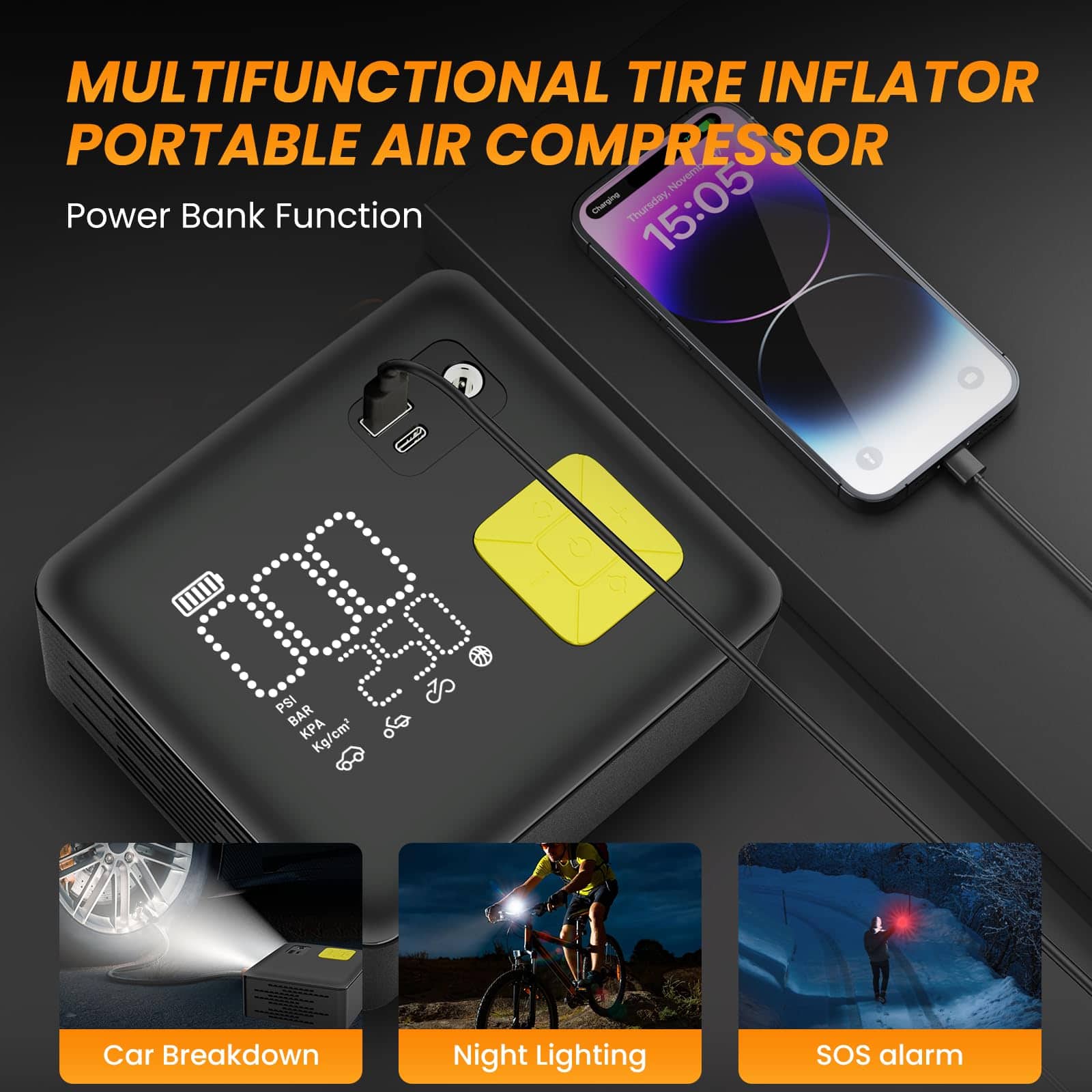 Inflador de neumáticos portátil, compresor de aire 3X - Imagen 8