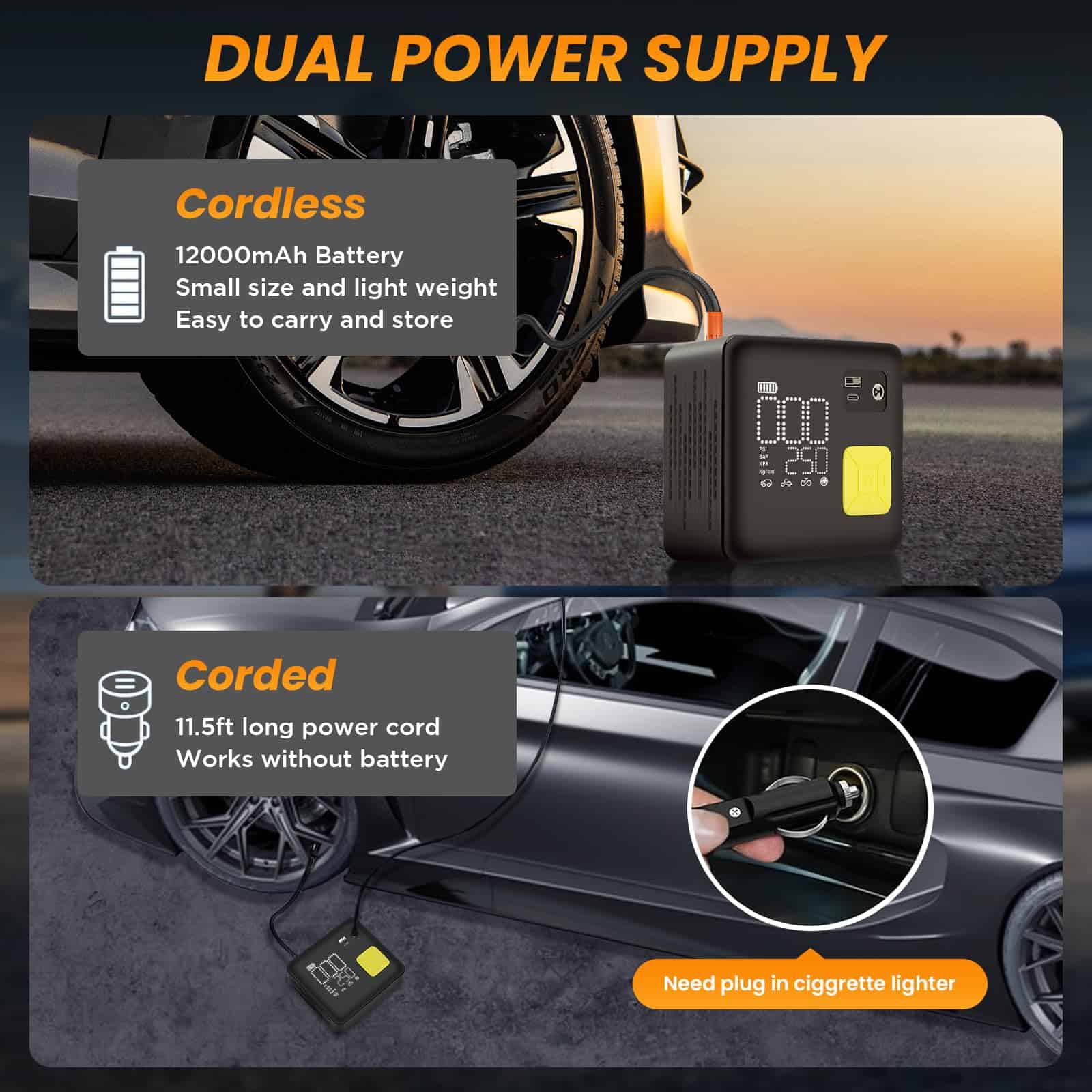 Inflador de neumáticos portátil, compresor de aire 3X - Imagen 4